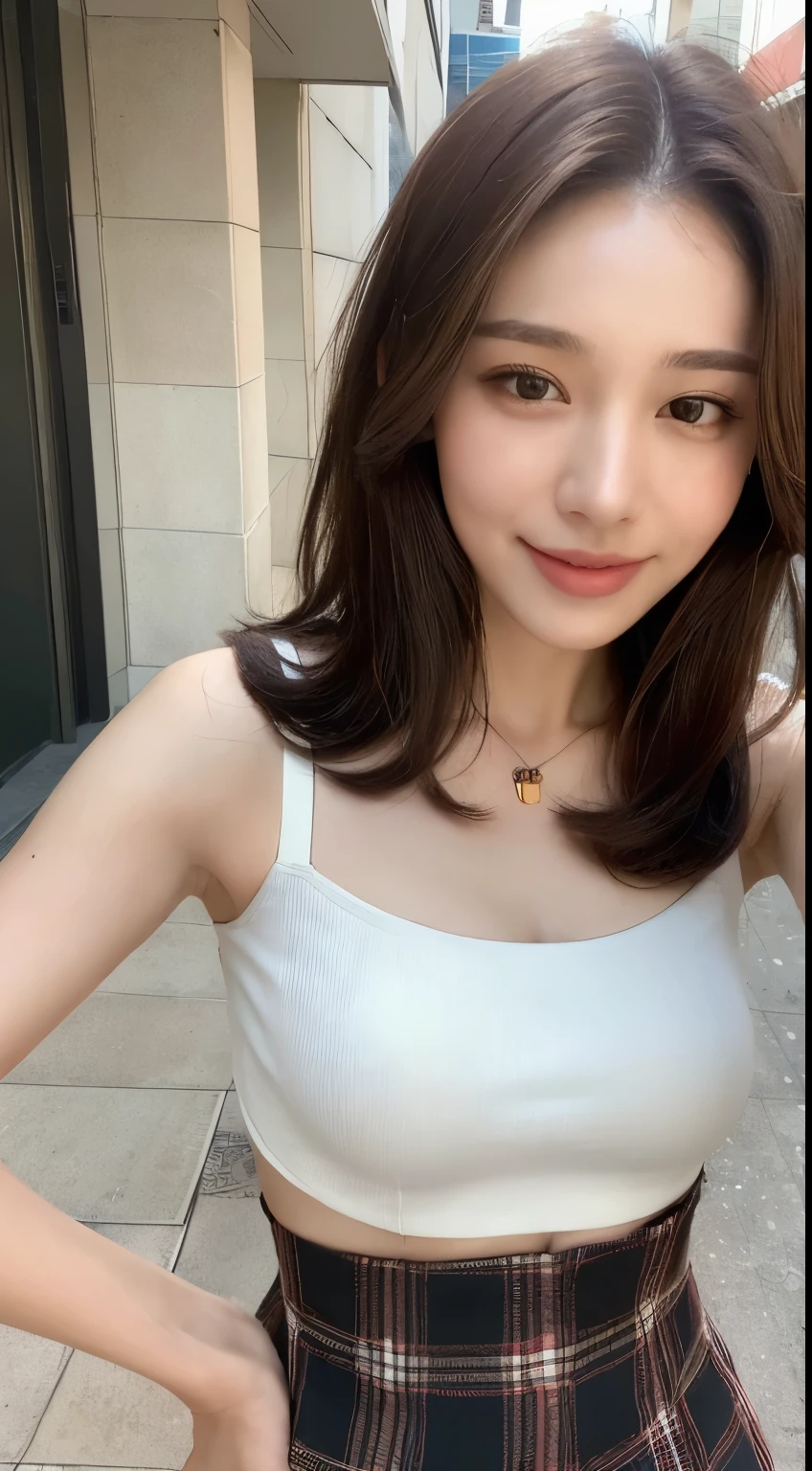 ((highest quality, 8K, masterpiece :1.3)), 1 girl, smile, whole body, slim face, Beautiful woman, (dark brown hair), white camisole,Tartan check ultra mini skirt, :1.1, super detailed face, fine eyes, double eyelid, blur background, slim face, urban area, street,