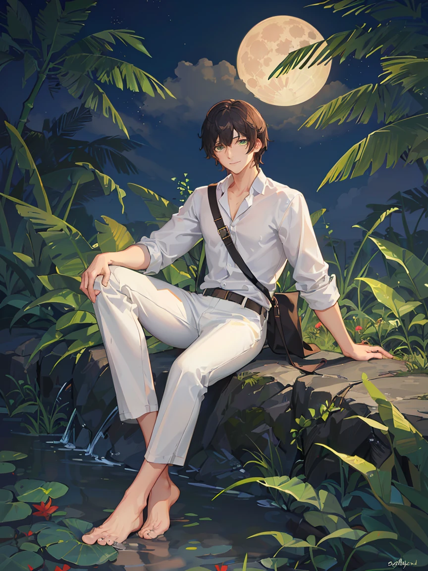 ((masterpiece,best quality)), 1 male, adult, handsome,full_moon, leaf, moon, plant, potted_plant, bamboo, 1guy, handsome man, palm_tree, water, tanabata, branch, barefoot, night, lily_pad, tanzaku, soaking_feet, vines, solo, outdoors, tree, very short black hair, wet, flower, smile, ivy, green_eyes, pants, lily_of_the_valley, sky, looking_at_viewer, palm_leaf, casual clothes, ((masterpiece,best quality)), beautiful detailed eyes, beautiful detailed face, white shirt, white pants


