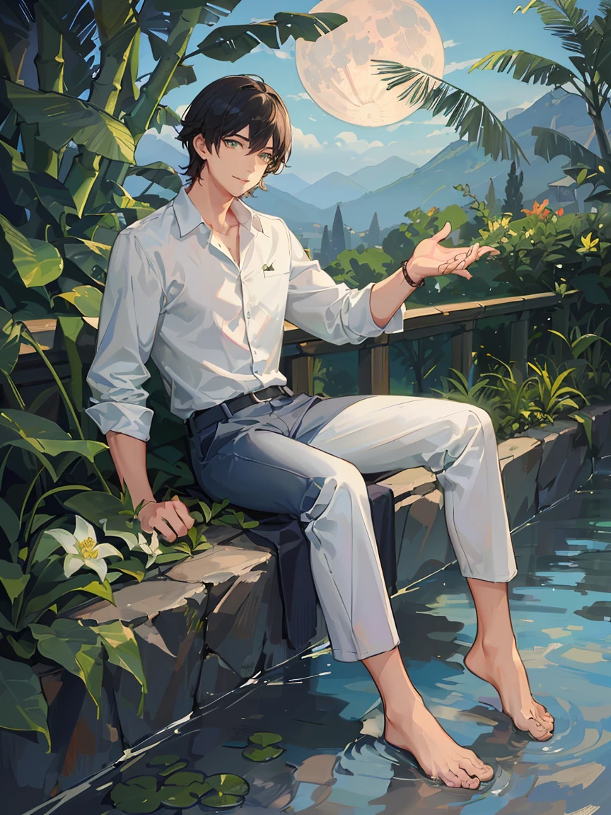 ((masterpiece,best quality)), 1 male, adult, handsome,full_moon, leaf, moon, plant, potted_plant, bamboo, 1guy, handsome man, palm_tree, water, tanabata, branch, barefoot, night, lily_pad, tanzaku, soaking_feet, vines, solo, outdoors, tree, very short black hair, wet, flower, smile, ivy, green_eyes, pants, lily_of_the_valley, sky, looking_at_viewer, palm_leaf, casual clothes, ((masterpiece,best quality)), beautiful detailed eyes, beautiful detailed face, white shirt, white pants

