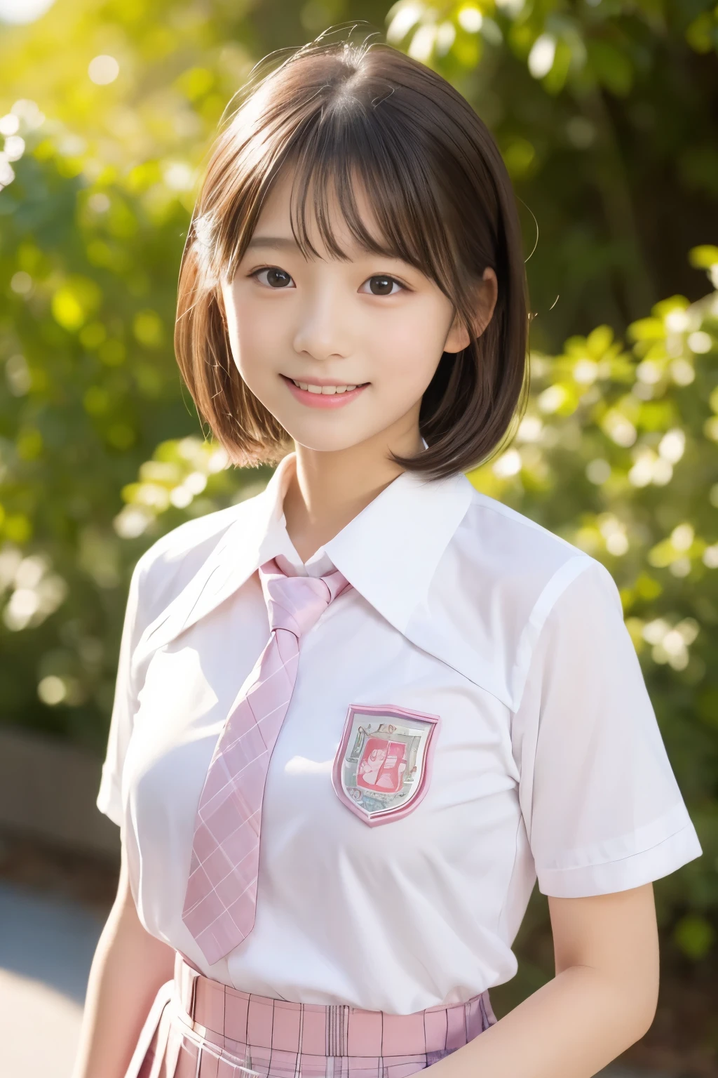 (((masterpiece，8K,highest quality, very detailed, )))，full body display，An empty classroom，Alone，sit on a chair，(one beautiful japanese girl, innocence，cute) ，ultra high resolution, realistic, Super detailed, slender body shape，(detailed face:1.3), (fluffy short hair:1.37), (baby face，cute系，10 year old beautiful girl), (perfect body:1.1),  ((Japanese high school uniform with the school emblem on the chest、white shirt，Pink Neck Ribbon，Pink plaid skirt))，innocent smile，rosy cheeks，超detailed face、detailed lips、small gravure idol，transparent skin、beautiful skin，lolita，realistic:1.37，no makeup，happy atmosphere，pastel color palette，fun，date，happy，I feel excited，Natural Lighting，natural lip，cuteポーズ