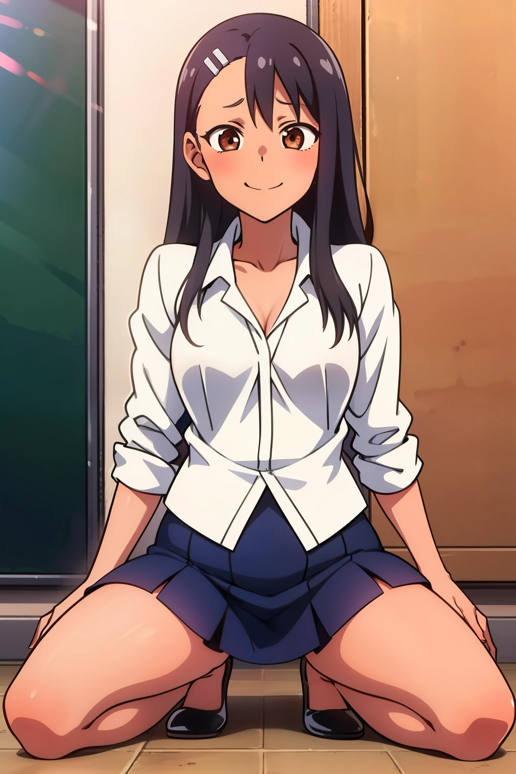 Nagatoro Hayase, 1girl, En pie, delgado, small  , ((solo sujetador rosa, falda azul sin camisa)), (sujetador rosa visible), sorprendido, enojado, cabello negro, brown eyes, Cabello largo, sentada, sonrojarse, piernas desnudas, colegiala, en la escuela, Obra maestra, Detallado, alta calidad, embarazada,  sonrisa, gran vientre de embarazo.