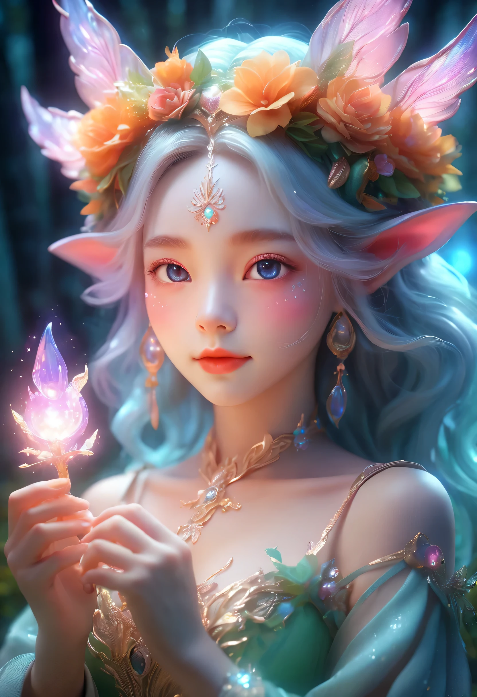 best quality,4K,8k,HD,masterpiece:1.2,super detailed,lifelike:1.37,flash,enchanted forest,magical atmosphere,charming scenery,rich and colorful,(闪闪glow的仙女,Charming witches,Carefully cast),Cute fawn,glow,fluorescence,wand casting,装满glow液体的瓶子,ethereal atmosphere