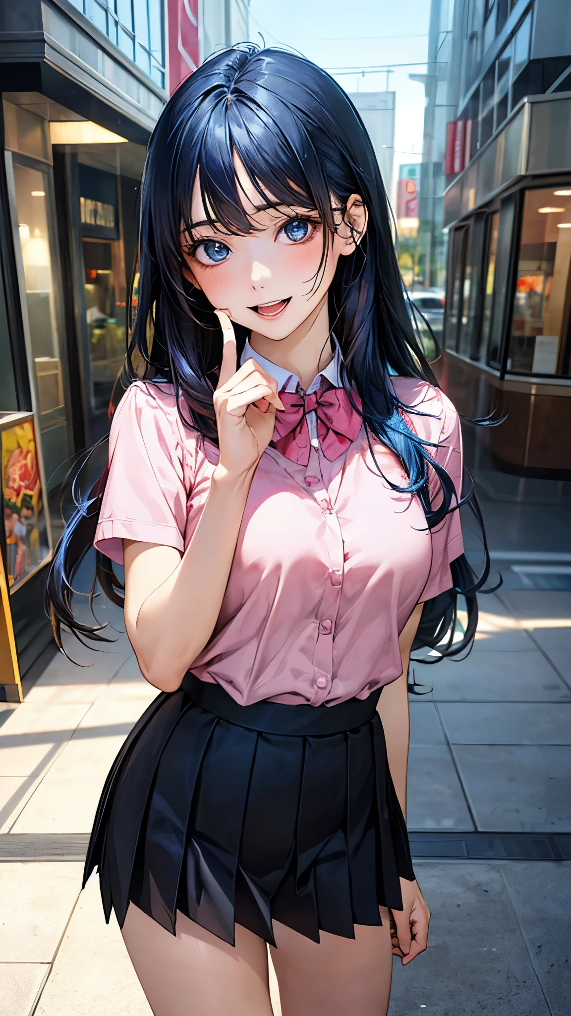 (masterpiece:1.2, top-quality), (realistic, photorealistic:1.4), beautiful illustration, (natural side lighting, movie lighting), ,
(looking at viewer), 1 girl, japanese, high school girl, perfect face, cute and symmetrical face, shiny skin, skinny,
(long hair, straight hair, blue hair), swept bangs, light blue eyes, drooping eyes, long eye lasher, (large breasts:0.6), five fingers,
beautiful hair, beautiful face, beautiful detailed eyes, beautiful clavicle, beautiful body, beautiful chest, beautiful thighs, beautiful legs,
((symmetrical clothing, pink collared shirts, black pleated skirt)), red bow tie, navy socks,
(beautiful scenery), day time, shopping mall, (lovely smile, upper eyes, open mouth, sexy pose),