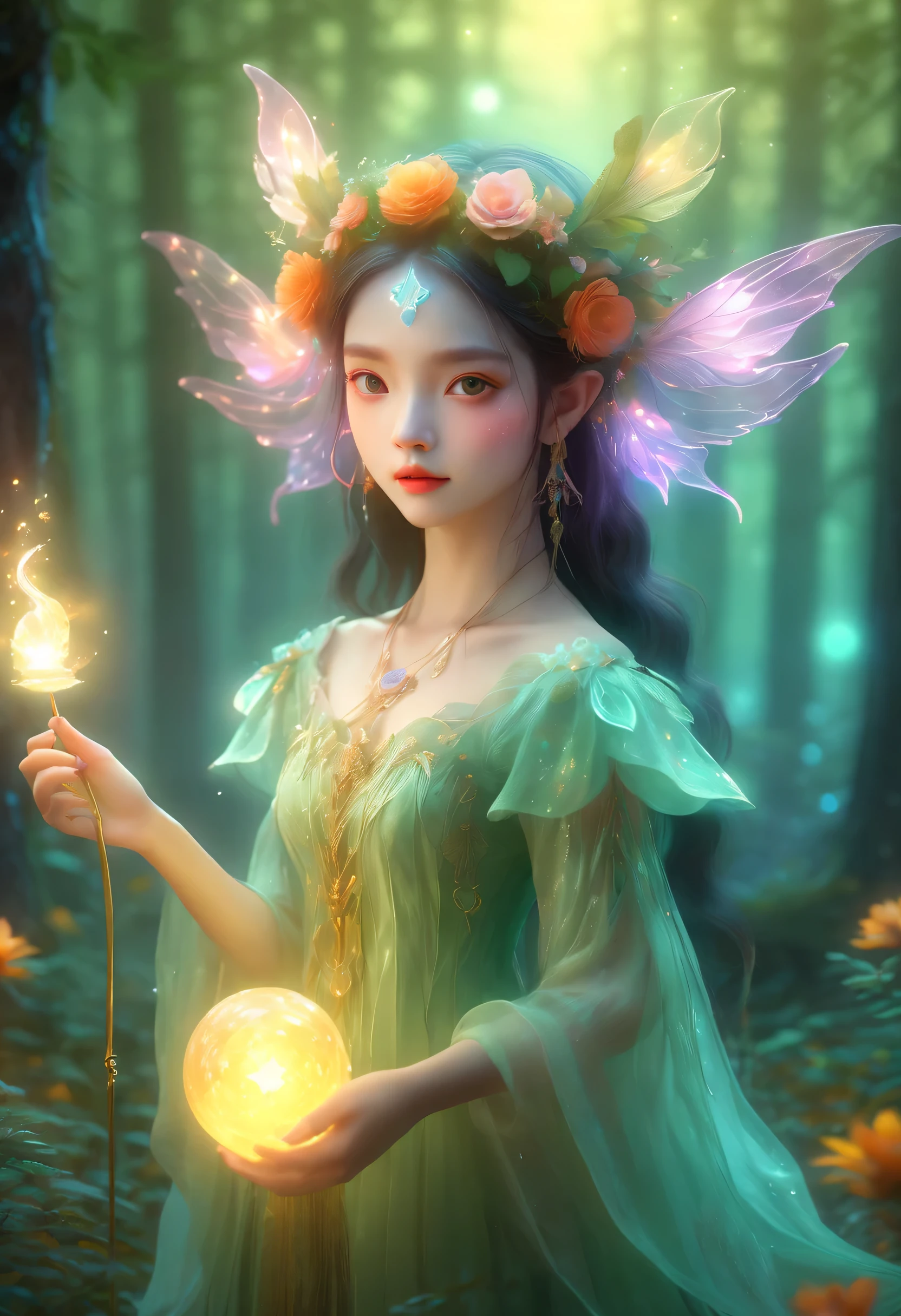 best quality，4K，8k，HD，masterpiece：1.2，super detailed，lifelike：1.37，flash，enchanted forest，magical atmosphere，charming scenery，rich and colorful，（闪闪glow的仙女，Charming witches，Carefully cast），Cute fawn，glow，fluorescence，wand casting，装满glow液体的瓶子，ethereal atmosphere