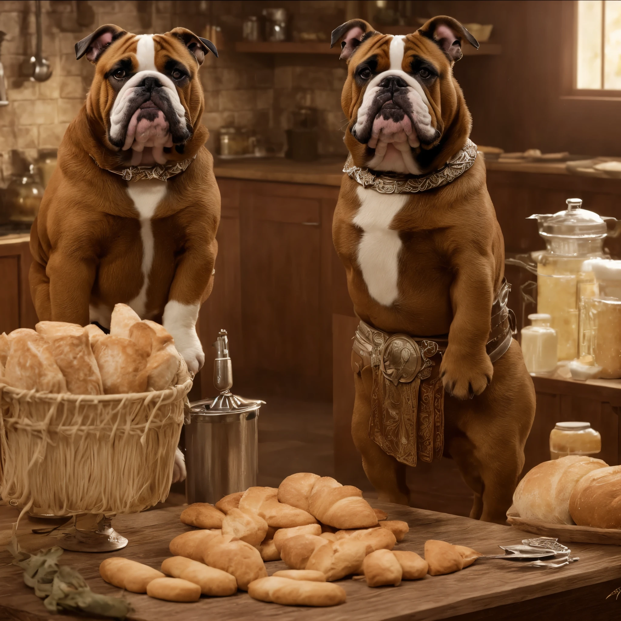 A fantasy cinematic drawing of an english bulldog in a kitchen, making bread while looking at the camera