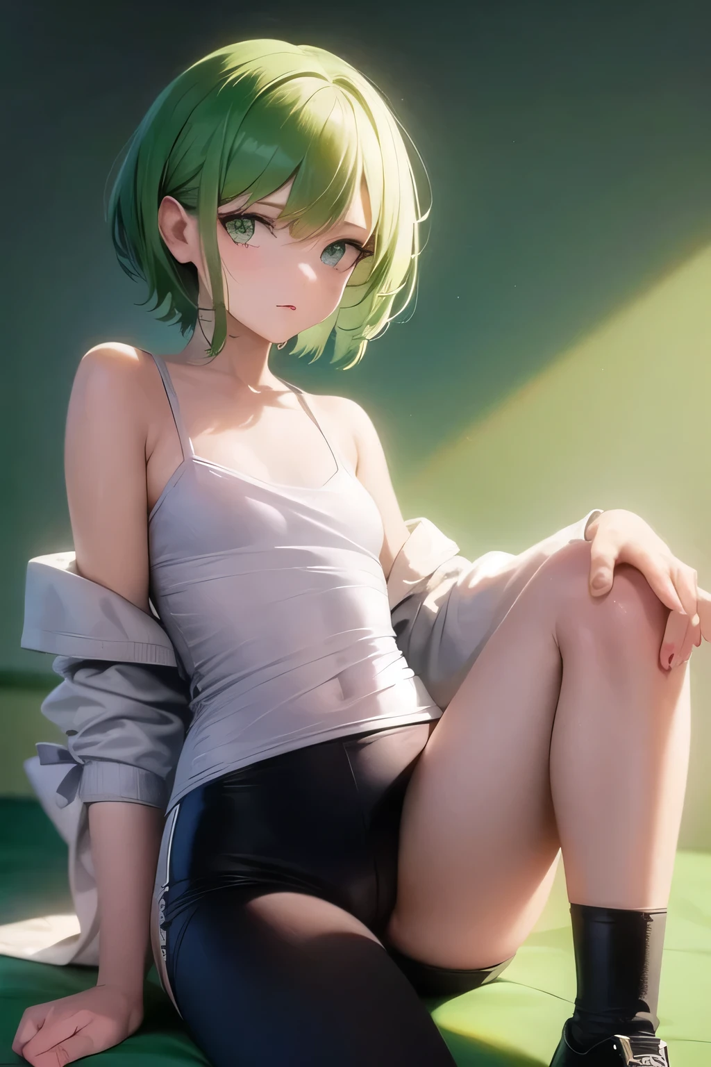 (Best quality,masterpiece:1.2),ultra detailed,photorealistic:1.37,portrait,light green haired girl,short dome hair,flat chest,long white oversized T-shirt,light purple sweatshirt,Skinny black pants,closed dress,Lying pose,simple background