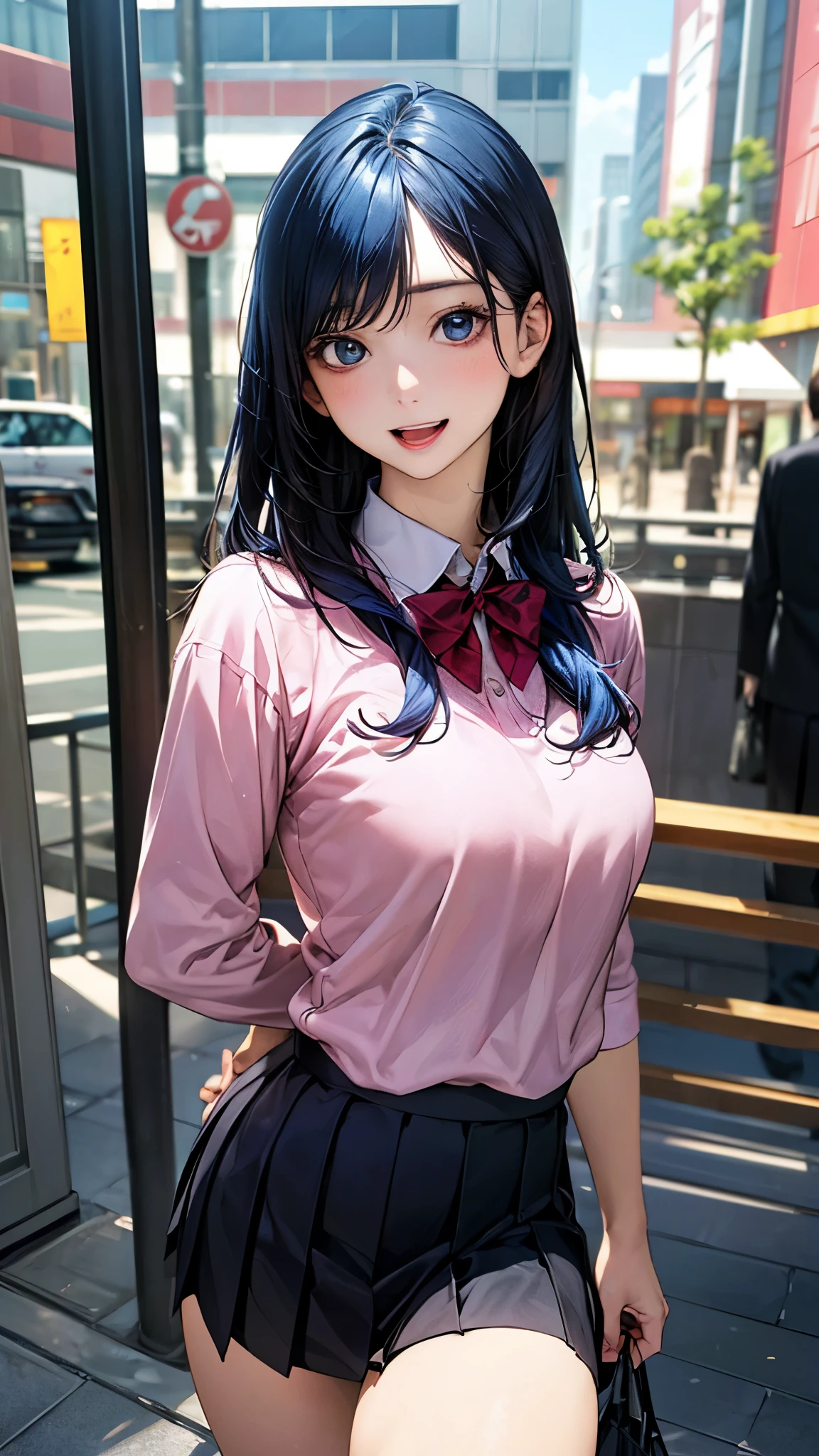 (masterpiece:1.2, top-quality), (realistic, photorealistic:1.4), beautiful illustration, (natural side lighting, movie lighting), ,
(looking at viewer), 1 girl, japanese, high school girl, perfect face, cute and symmetrical face, shiny skin, skinny,
(long hair, straight hair, blue hair), swept bangs, light blue eyes, drooping eyes, long eye lasher, (middle breasts, seductive thighs, big ass),
beautiful hair, beautiful face, beautiful detailed eyes, beautiful clavicle, beautiful body, beautiful chest, beautiful thighs, beautiful legs,
((symmetrical clothing, pink collared shirts, black pleated skirt)), red bow tie, navy socks,
(beautiful scenery), day time, shopping mall, (lovely smile, upper eyes, open mouth, sexy pose),