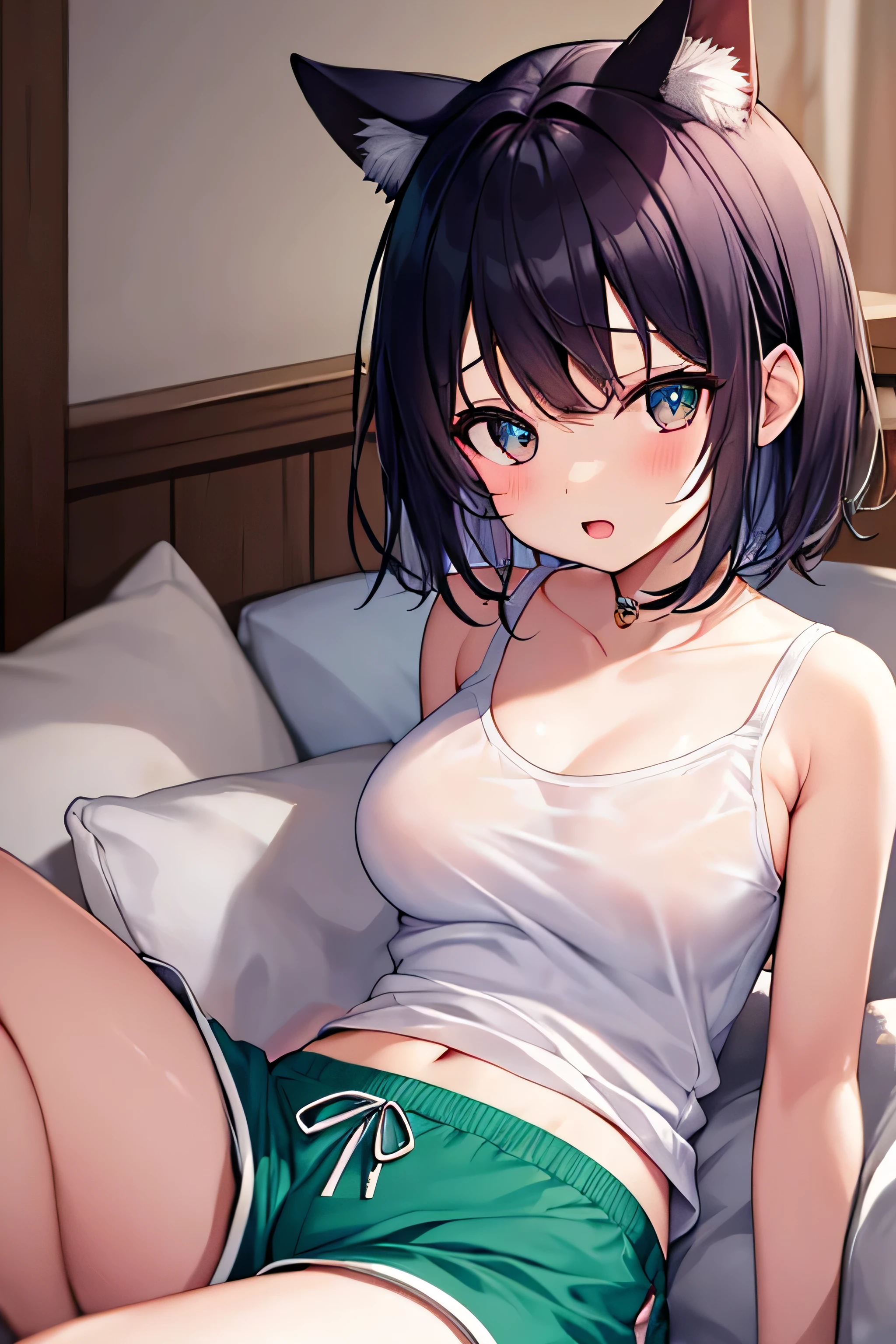 masterpiece、Highest image quality、ultra high resolution、NSFW、big breasted elementary school girl、short hair、red face、shyly、mock、Please open your mouth just a little、White lounge tank top that shows the chest for elementary school girls、Lounge shorts for elementary school girls、sitting on the sofa、In the living room