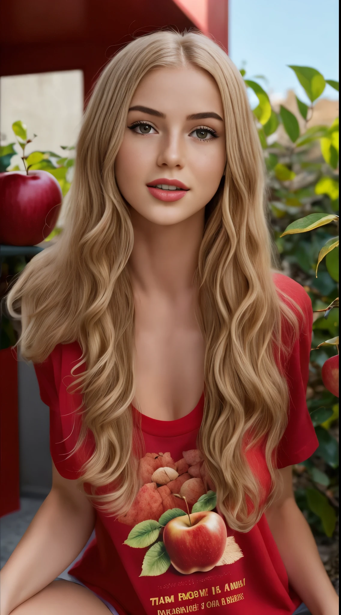 blond woman in t-shirt red top holding an apple in front of a bush, Anna Nikonova aka Newmilky, karol bak uhd, t-shirt red, Yelena Belova, Garota sexy, Yulia Gorokhova, linda garota loira, linda mulher loira, red apples, with apple, Garota sexy with long blonde hair, red apple, sitting eating an apple. 