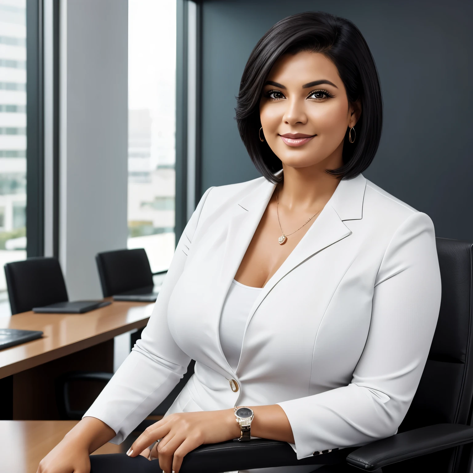 Brazilian woman with short black hair, 45 years old, plus size, defined features, ultrarealism, executive clothing, in a corporate environment