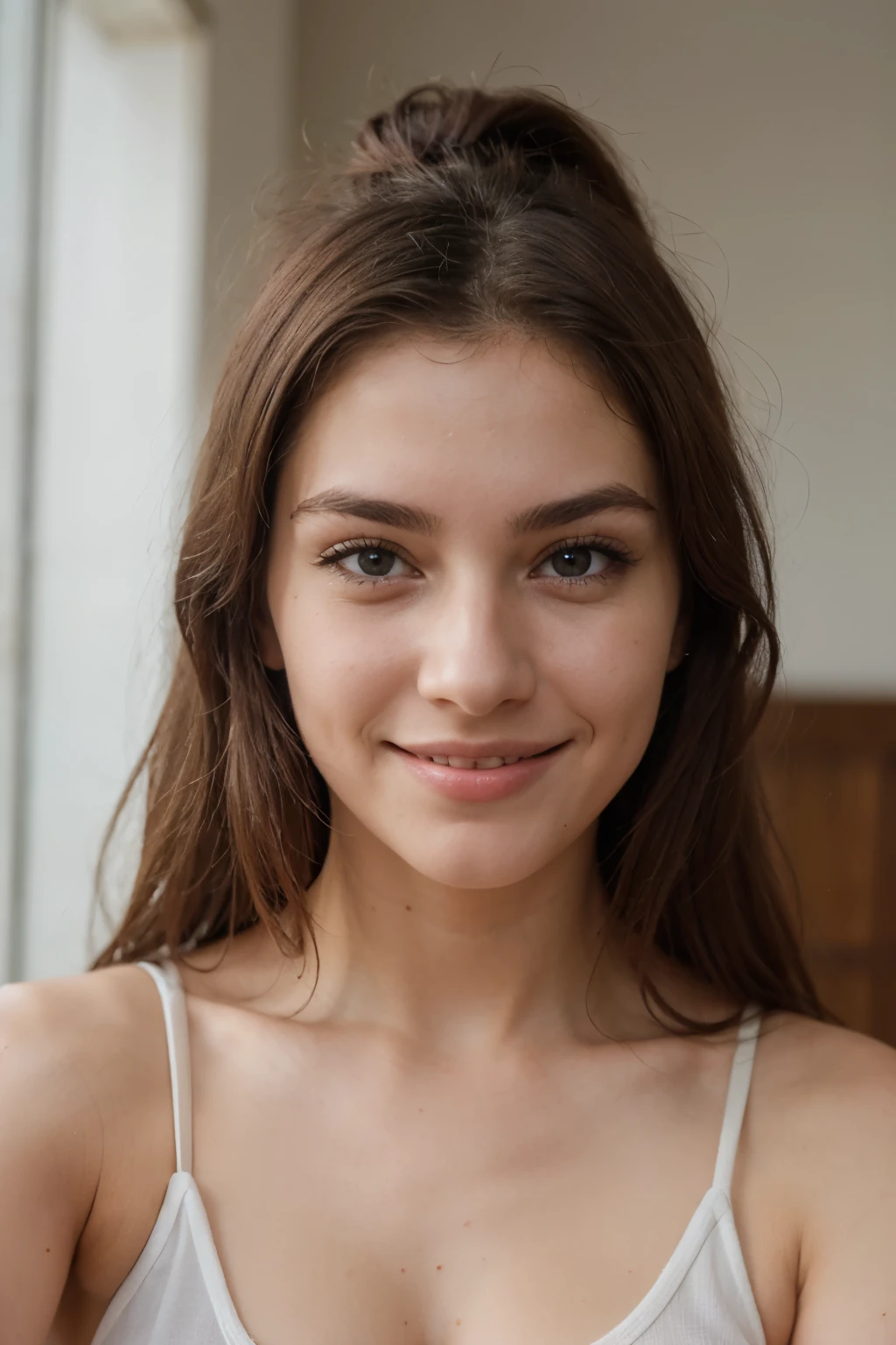 beautiful french girl, 22 years old, smiling, (short light brunette hair), ((light blue eyes)), (naked breast), (bend over), (bedroom), , (((supermodel face))), slim, thin pointy nose, wide lips, thin face, big eyes, high-res, masterpiece, best quality, intricate details, highly detailed, sharp focus, kodak vision color, extremely detailed,realistic, max detail, roughness, real life, ultra realistic, photorealism, photography, 8k uhd, photography,