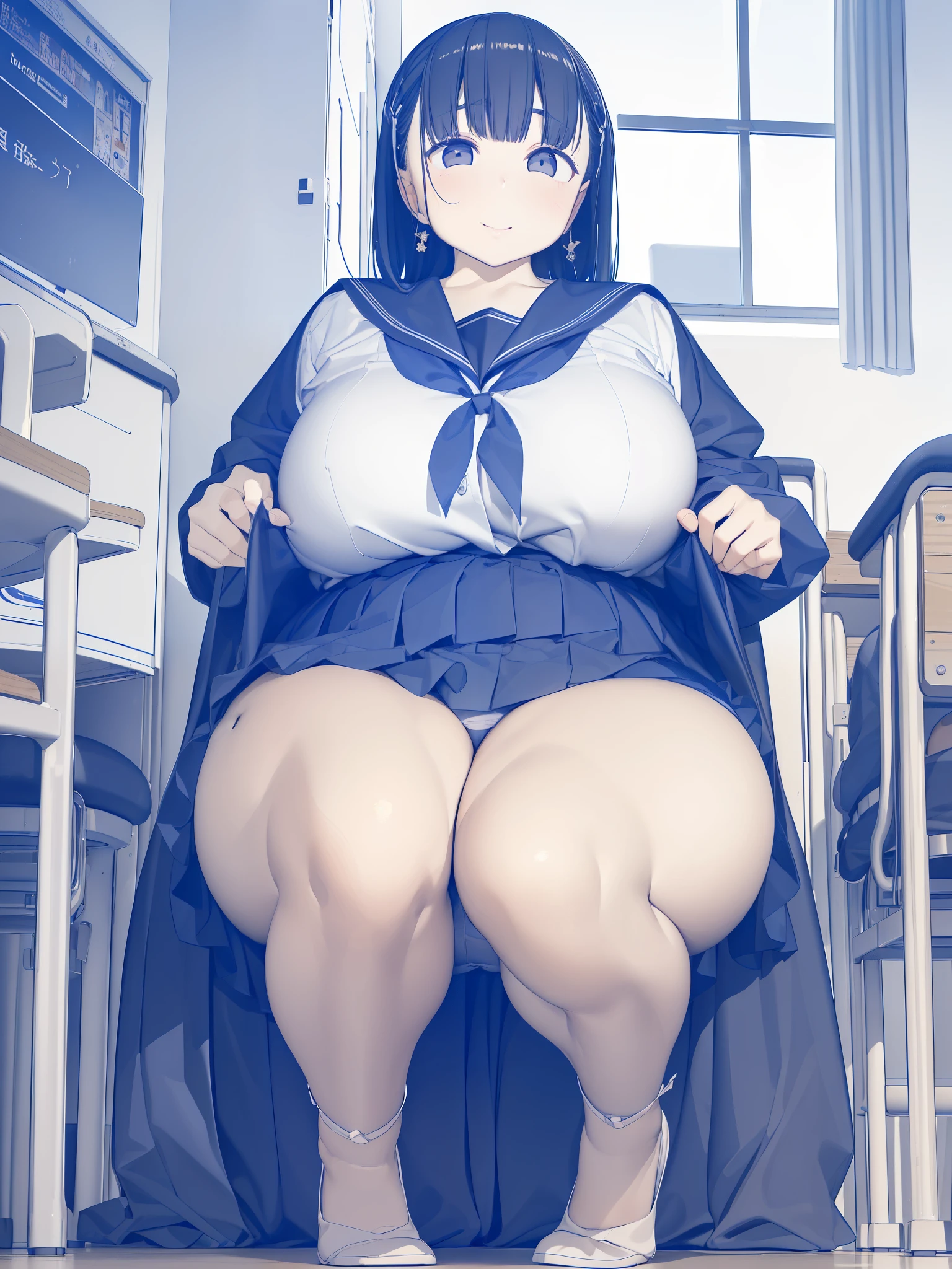 (top-quality、in 8K、32K、 masterpiece、nffsw、超A high resolution、Impresionismo、huge breasts, Photorealsitic:1.2)、Angle from above、High angle、Colossal tits、cowboy shot, detailed faces and eyes、 Inside the classroom、Schools、Evening glow、beauitful face、blurry backround、16-year-old beautiful girl、shinny skin、long、Beautiful black hair、Blunt bangs、Invincible smile、Gray eyes、a sailor suit、Pleated miniskirt、Curve、Stand on one knee、Opening legs、(seduction)、((scornful look))、chubbily、((plump body))、((plump face))、((plump body))、((plump face))、((plump body))、((plump face))、((plump body))、((plump face))、((growing thighs))、((growing ))、((growing thighs))、((growing ))、((growing thighs))、((growing ))、((growing thighs))、((growing ))、((growing thighs))、((growing ))、((growing thighs))、((growing ))、((growing thighs))、((growing ))、((growing thighs))、((growing ))、((showing panties))