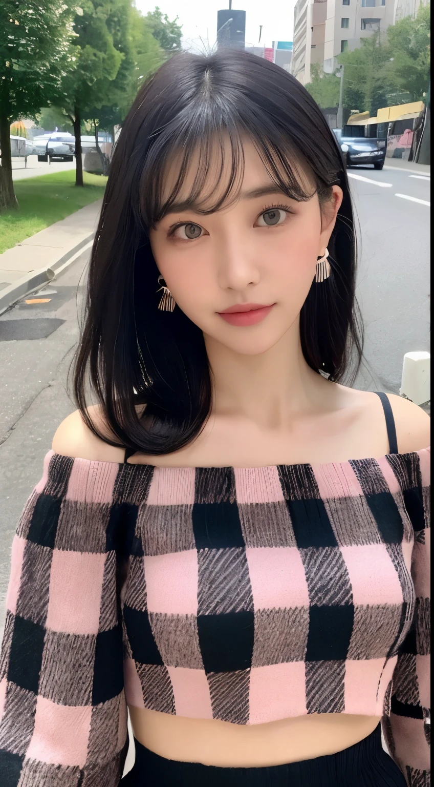 ((highest quality, 8K, masterpiece :1.3)), 1 girl, smile, whole body, slim face, Beautiful woman, Large bust,(black hair), With bangs,straight hair,Plain light pink off-shoulder knit,Tartan check ultra mini skirt, :1.1, super detailed face, fine eyes, double eyelid, blur background, slim face, urban area, street,