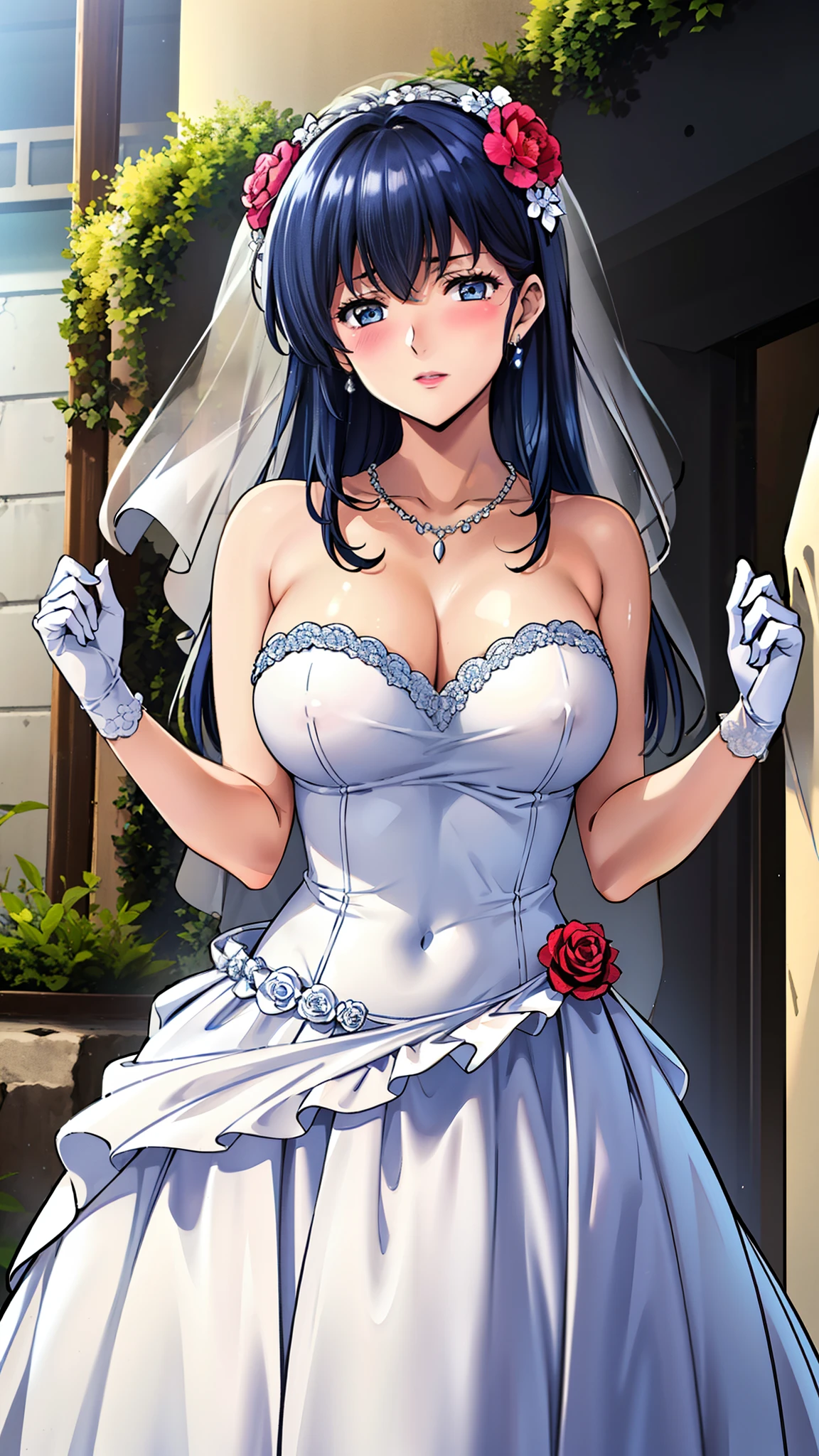 Otonashi_kyoko,
long hair,  Bangs, blue eyes, Blue hair, Smile，Shut up，blush，
 Close-up of beautiful bride wearing beautiful wedding dress,Gurwitz,(bridal veil:1.5），（Transparent short veil：1.5），Blushing face，Head flower，headgear，（tube top wedding dress：1.5），（Silk dress：1.2）,（Strapless wedding dress：1.5）,pure white dress，necklace，earrings，(large breasts:1.3)，Deep V peach heart collar wedding dress，Bangs，lipstick，（elbowgloves：1.3）,whole body照,High detail RAW color art,Long white dress，whole body