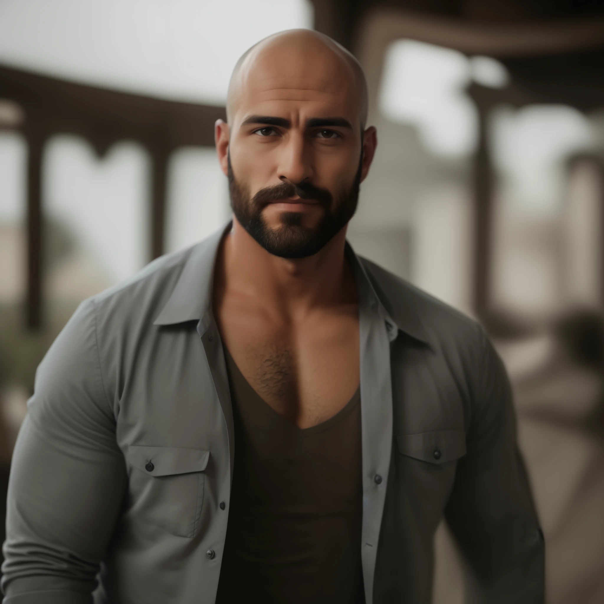 Arafed hombre con barba y una camisa posando para una foto, hombre calvo musculoso, fuertes rasgos masculinos, calvo con barba corta, very hombre atractivo with beard, hombre guapo, hombre atractivo, Retrato de un guerrero robusto, hombre guapo, plano medio de un guapo, hombre delgado con piel bronceada clara, hombre atractivo, Cabeza calva y mirada amenazante