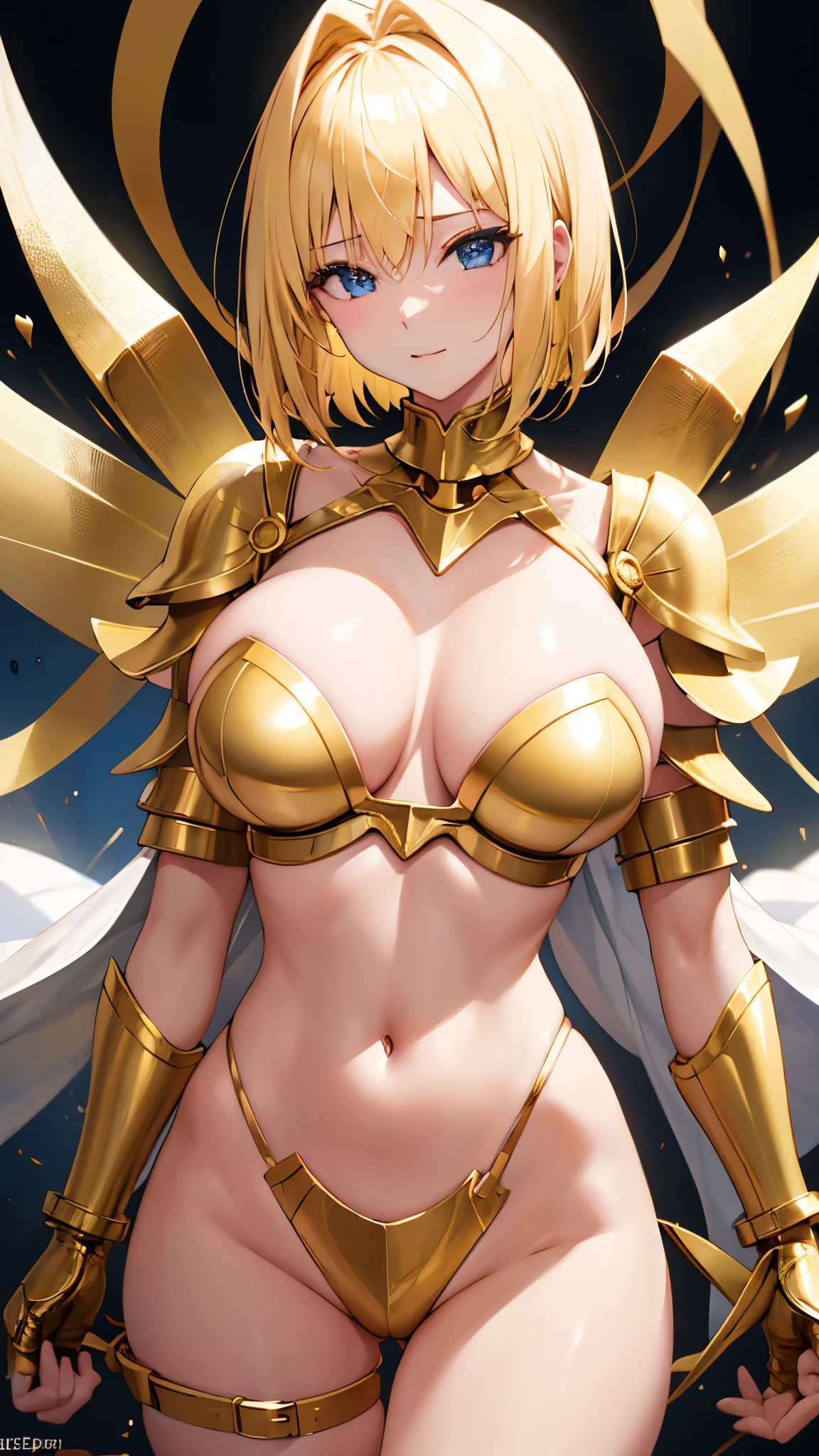 A sexy woman with big breasts, slim body, short blonde hair, Wearing a collar around his neck, wearing golden armor