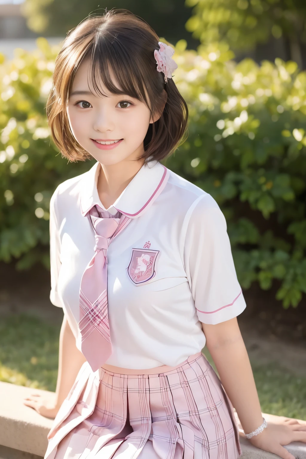 (((masterpiece，8K,highest quality, very detailed, )))，full body display，An empty classroom，Alone，sit on a chair，(one beautiful japanese girl, innocence，cute) ，ultra high resolution, realistic, Super detailed, slender body shape，(detailed face:1.3), (fluffy short hair:1.37), (baby face，cute系，10 year old beautiful girl), (perfect body:1.1),  ((Japanese high school uniform with the school emblem on the chest、white shirt，Pink Neck Ribbon，Pink plaid skirt))，innocent smile，rosy cheeks，超detailed face、detailed lips、small gravure idol，transparent skin、beautiful skin，lolita，realistic:1.37，no makeup，happy atmosphere，pastel color palette，fun，date，happy，I feel excited，Natural Lighting，natural lip，cuteポーズ