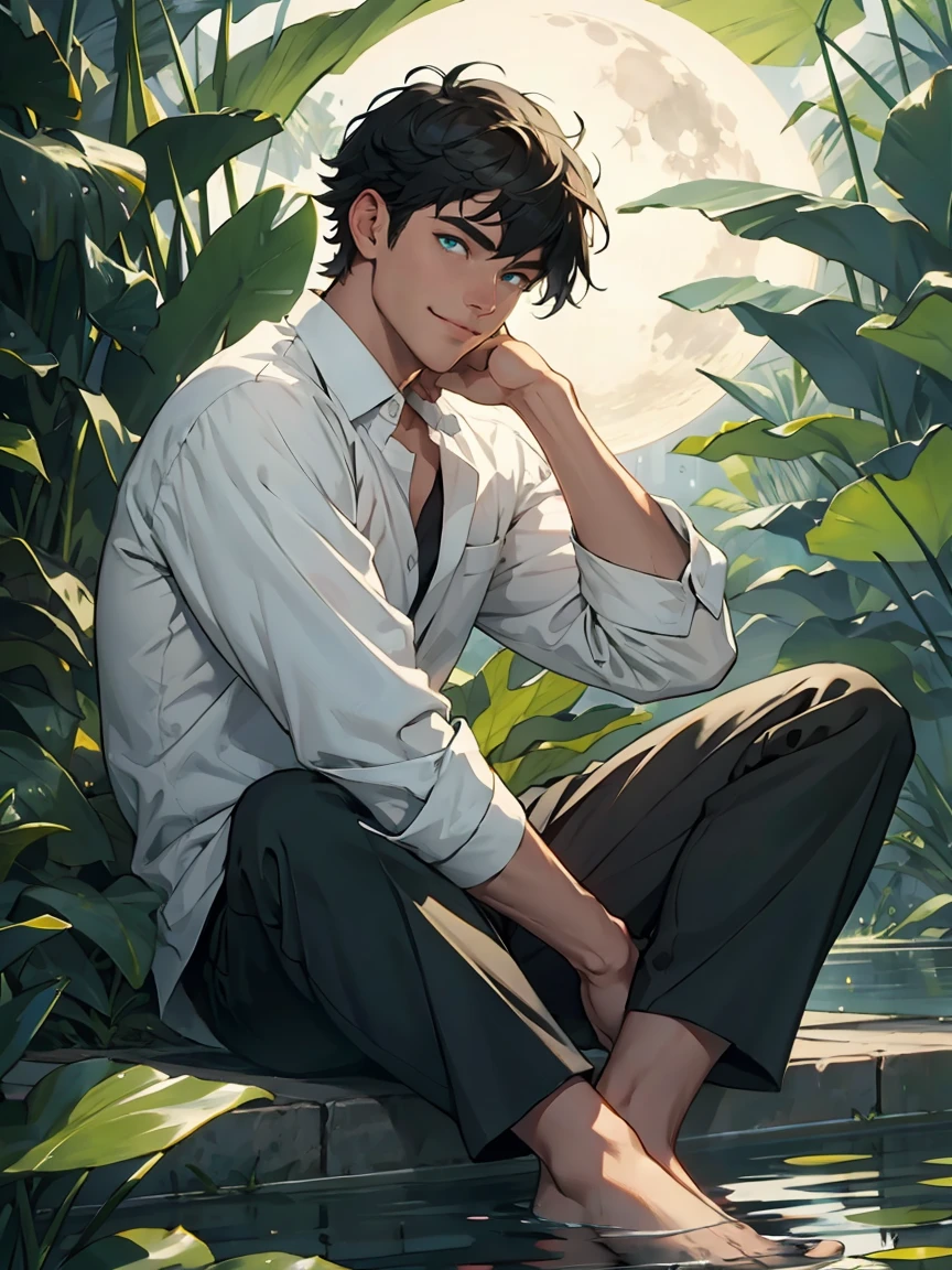 ((masterpiece,best quality)), 1 male, adult, handsome,full_moon, leaf, moon, plant, potted_plant, bamboo, 1guy, handsome man, palm_tree, water, tanabata, branch, barefoot, night, lily_pad, tanzaku, soaking_feet, vines, solo, outdoors, tree, very short black hair, wet, flower, smile, ivy, green_eyes, pants, lily_of_the_valley, sky, looking_at_viewer, palm_leaf, casual clothes, ((masterpiece,best quality)), beautiful detailed eyes, beautiful detailed face, white shirt, white pants