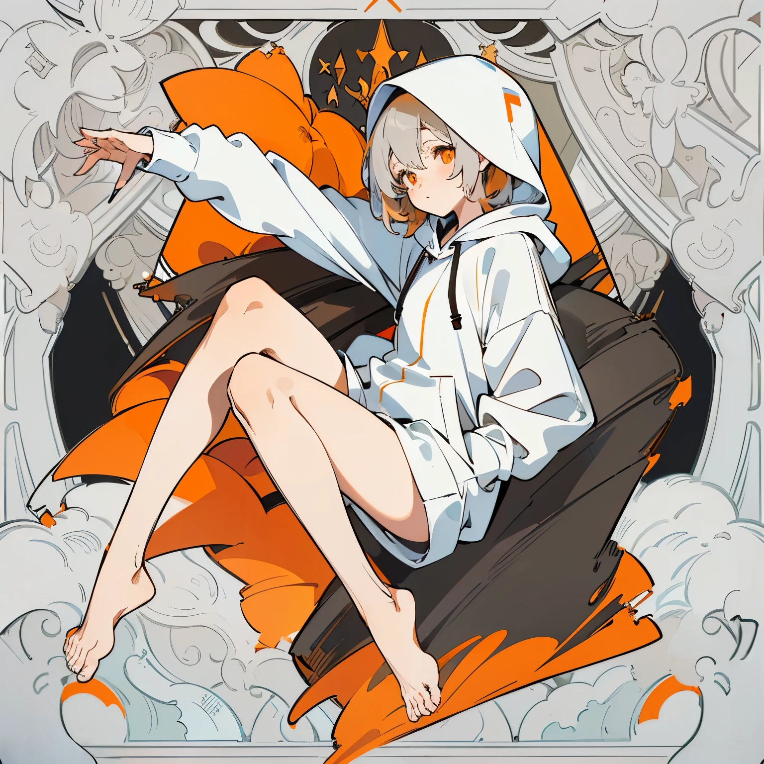 high quality, high detail, ((A masterpiece like no other in history, 最high quality, perfect artwork)), high contrast,flat color,((white hoodie))woman,barefoot,Grey shorthair,orange eyes
