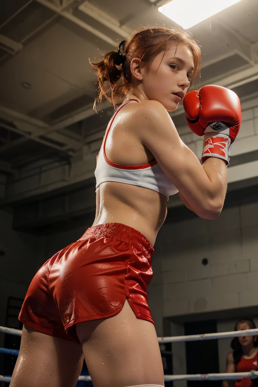 Masterpiece, girl, red hair, freckles, white sports bra, black booty shorts, in a boxing ring, red boxing gloves, tall white socks, wet skin, side view, punching at the head of a taller opponent, realistic
