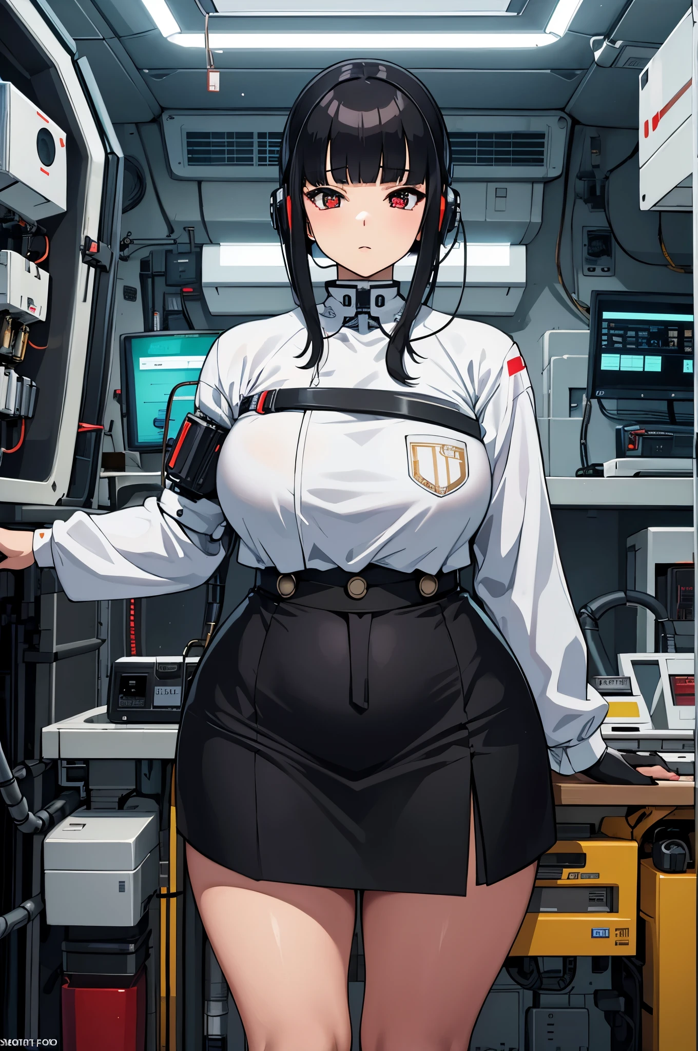 masterpiece, best quality, extremely detailed, Japaese android girl,Plump , control panels,android,Droid,Mechanical Hand, Robot arms and legs, Black hair,Blunt bangs,perfect robot girl,long tube,thick cable connected her neck,android,robot,humanoid,cyborg,japanese cyborg girl ,future laboratory,connecting a cable between the legs,skirt, high socks