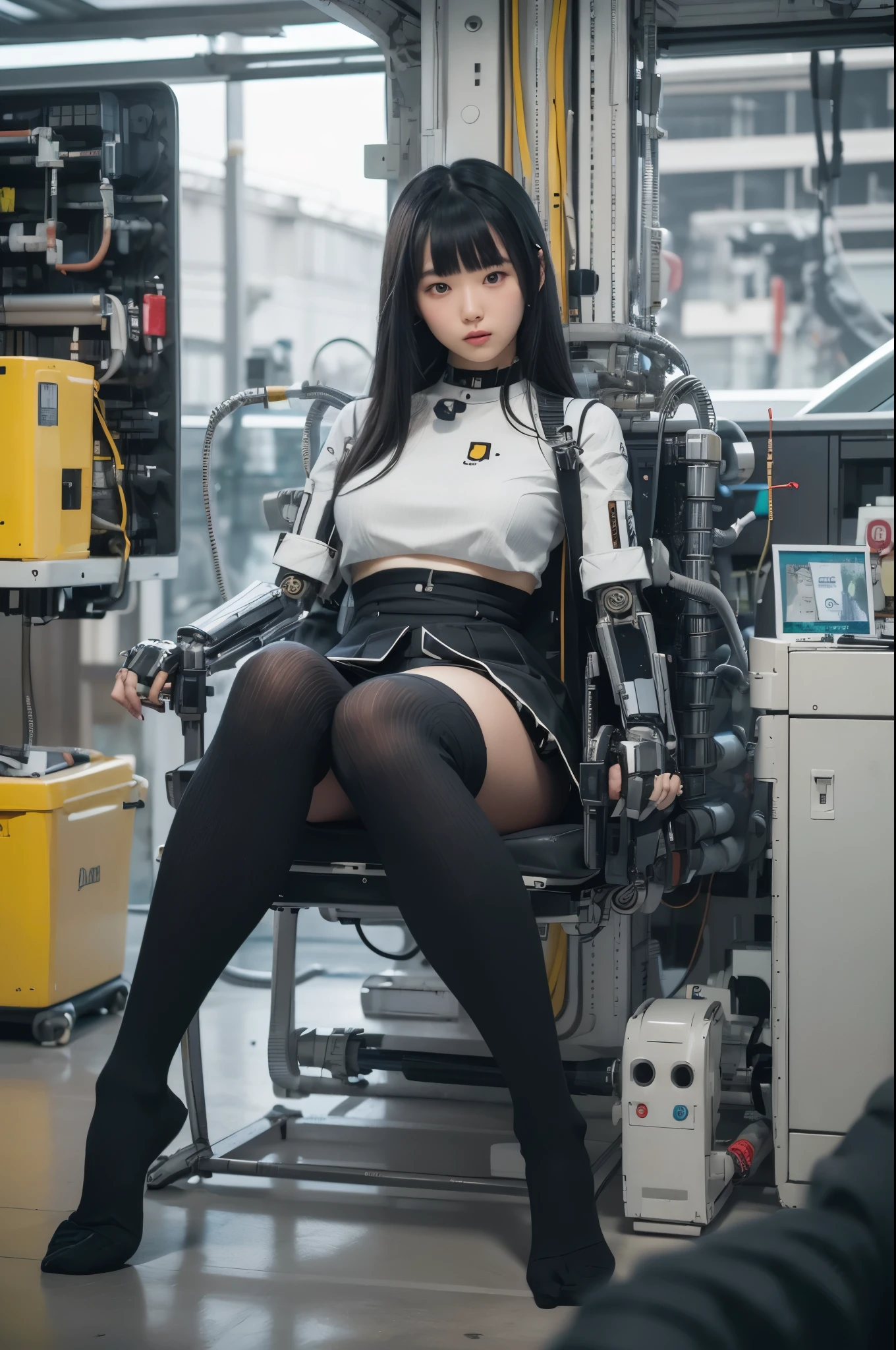 masterpiece, best quality, extremely detailed, Japaese android girl,Plump , control panels,android,Droid,Mechanical Hand, Robot arms and legs, Black hair,Blunt bangs,perfect robot girl,long tube,thick cable connected her neck,android,robot,humanoid,cyborg,japanese cyborg girl ,future laboratory,connecting a cable between the legs,skirt, high socks