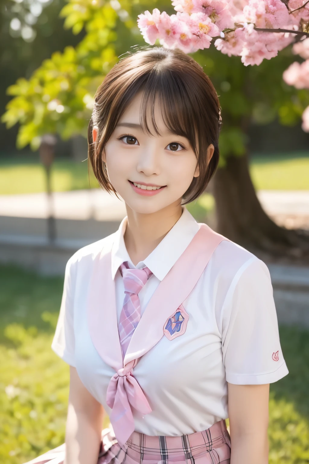 (((masterpiece，8K,highest quality, very detailed, )))，full body display，An empty classroom，Alone，sit on a chair，(one beautiful japanese girl, innocence，cute) ，ultra high resolution, realistic, Super detailed, slender body shape，(detailed face:1.3), (fluffy short hair:1.37), (baby face，cute系，10 year old beautiful girl), (perfect body:1.1),  ((Japanese high school uniform with the school emblem on the chest、white shirt，Pink Neck Ribbon，Pink plaid skirt))，innocent smile，rosy cheeks，超detailed face、detailed lips、small gravure idol，transparent skin、beautiful skin，lolita，realistic:1.37，no makeup，happy atmosphere，pastel color palette，fun，date，happy，I feel excited，Natural Lighting，natural lip，cuteポーズ