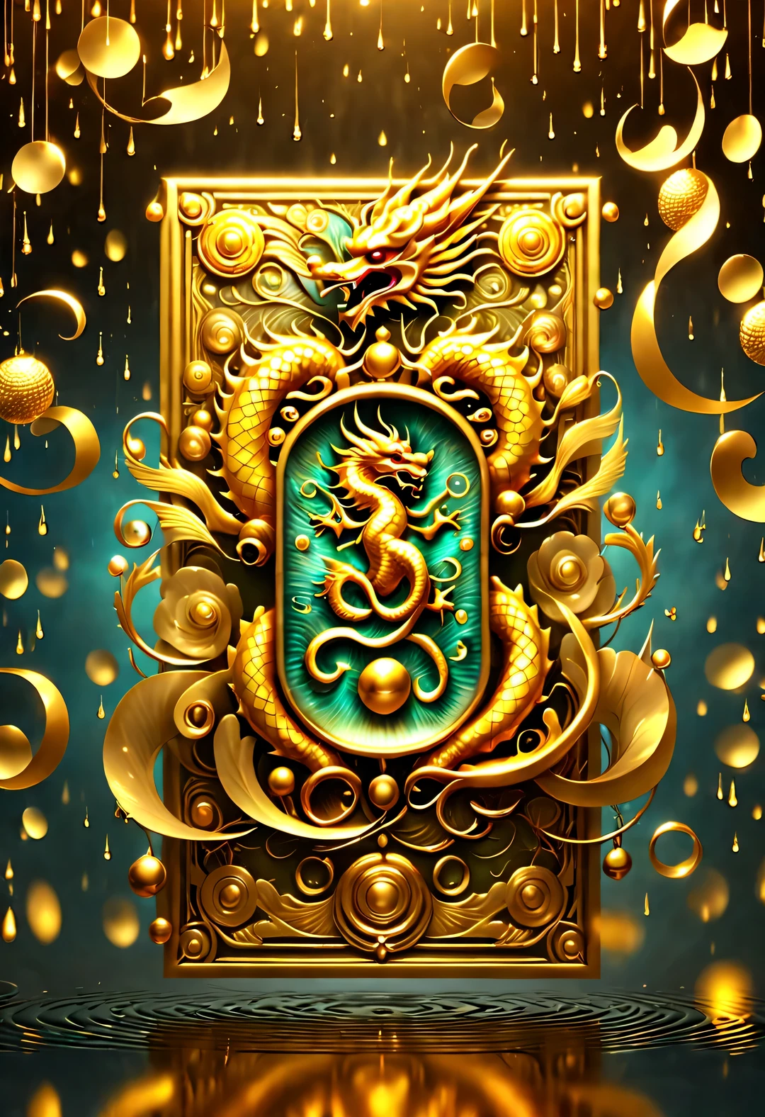 Gorgeous wallpaper design, (many, many, many golden letters "SEAT" Scattered crazily in the sky, downpour: 1.37), gold lines and downpour carved with AI letters pouring down, many vertical transparent English letters "AI" Width), (Golden transparent English letters "A&I"), (English letters displayed horizontally "AI"), golden waves, There is a small ring in the center，It has a golden Chinese dragon on it, dynamic action, Background neon technology laser lights,
