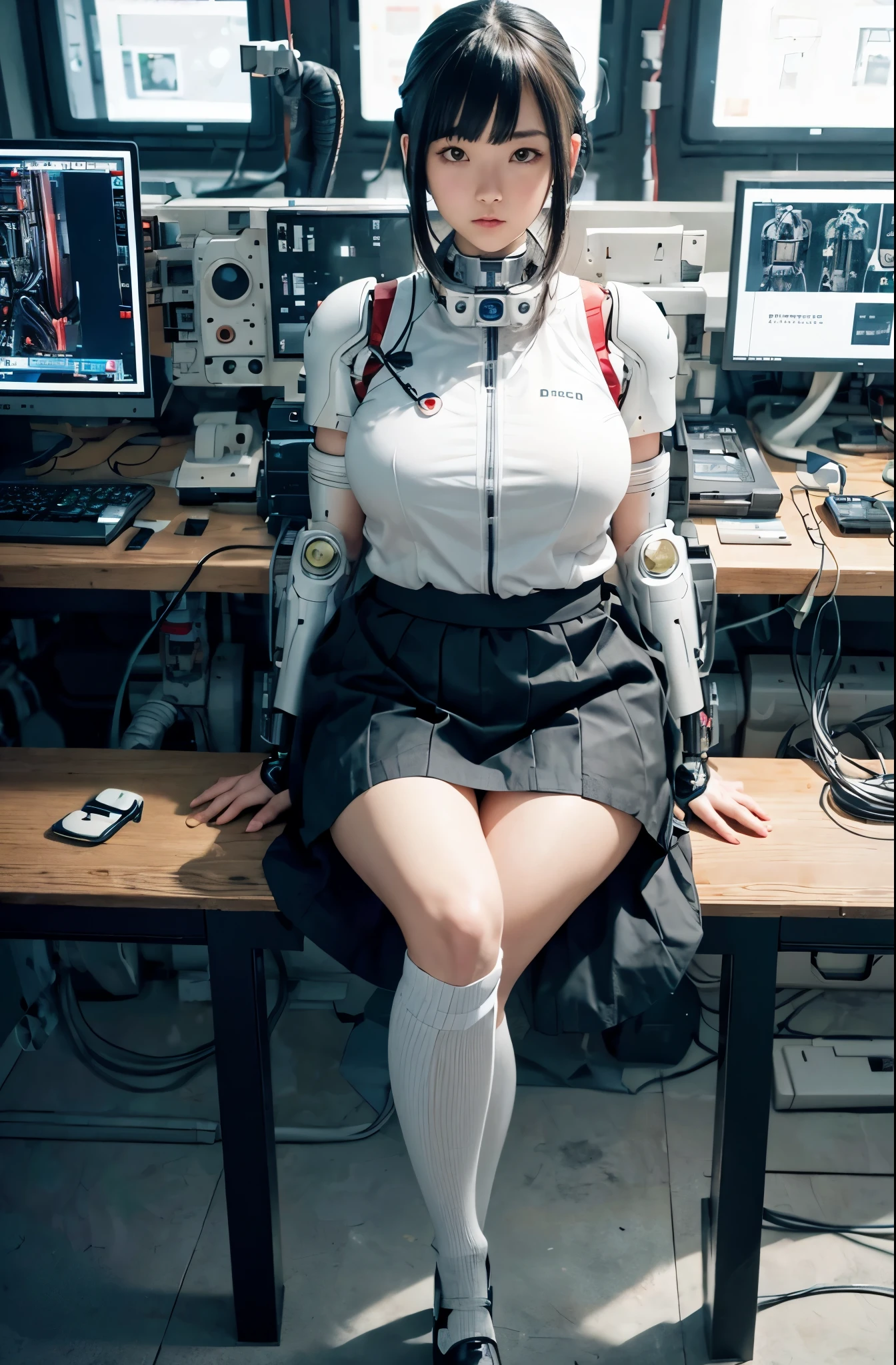 masterpiece, best quality, extremely detailed, Japaese android girl,Plump , control panels,android,Droid,Mechanical Hand, Robot arms and legs, Black hair,Blunt bangs,perfect robot girl,long tube,thick cable connected her neck,android,robot,humanoid,cyborg,japanese cyborg girl ,future laboratory,connecting a cable between the legs,skirt, high socks