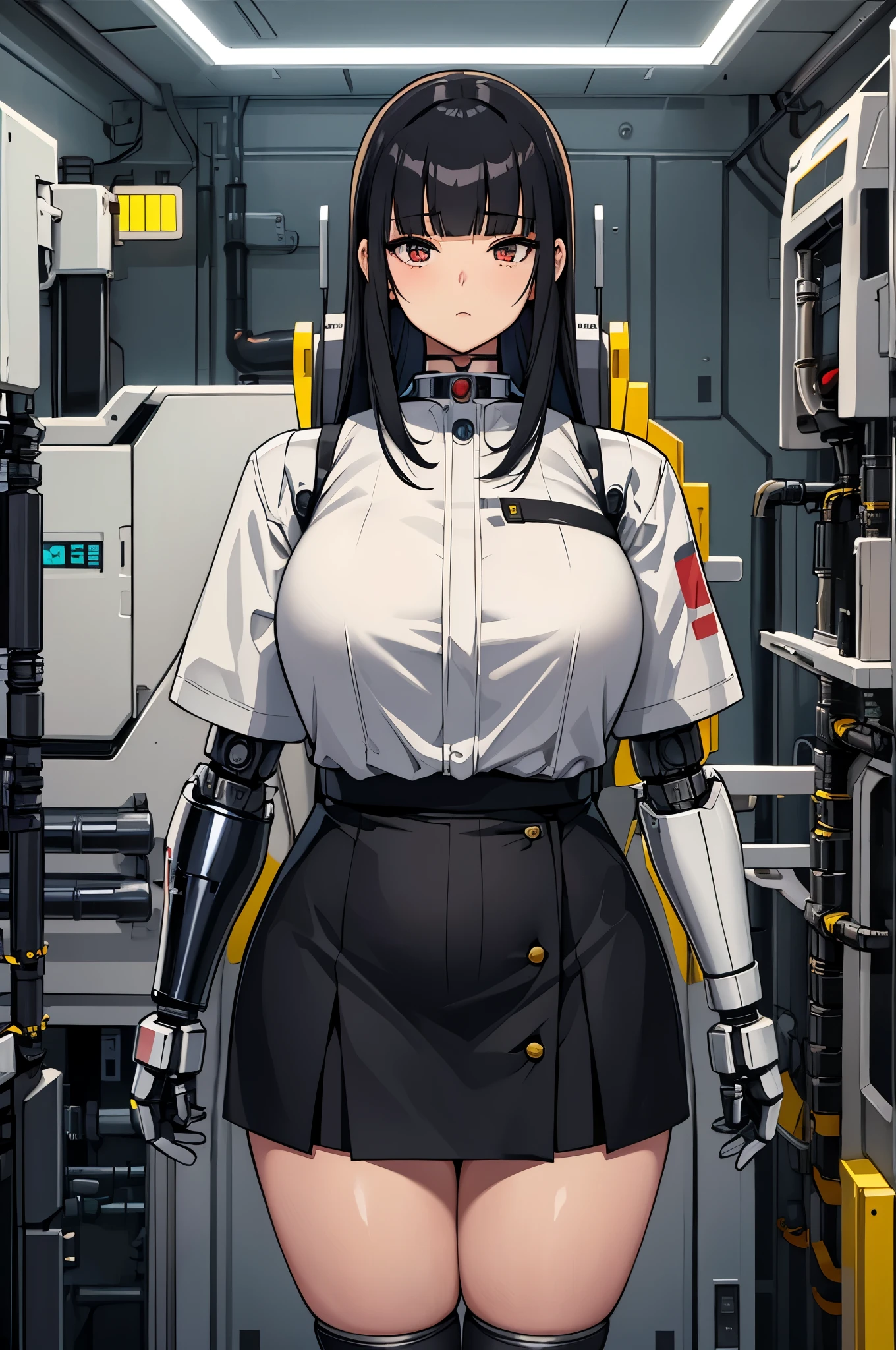 masterpiece, best quality, extremely detailed, Japaese android girl,Plump , control panels,android,Droid,Mechanical Hand, Robot arms and legs, Black hair,Blunt bangs,perfect robot girl,long tube,thick cable connected her neck,android,robot,humanoid,cyborg,japanese cyborg girl ,future laboratory,connecting a cable between the legs,skirt, high socks