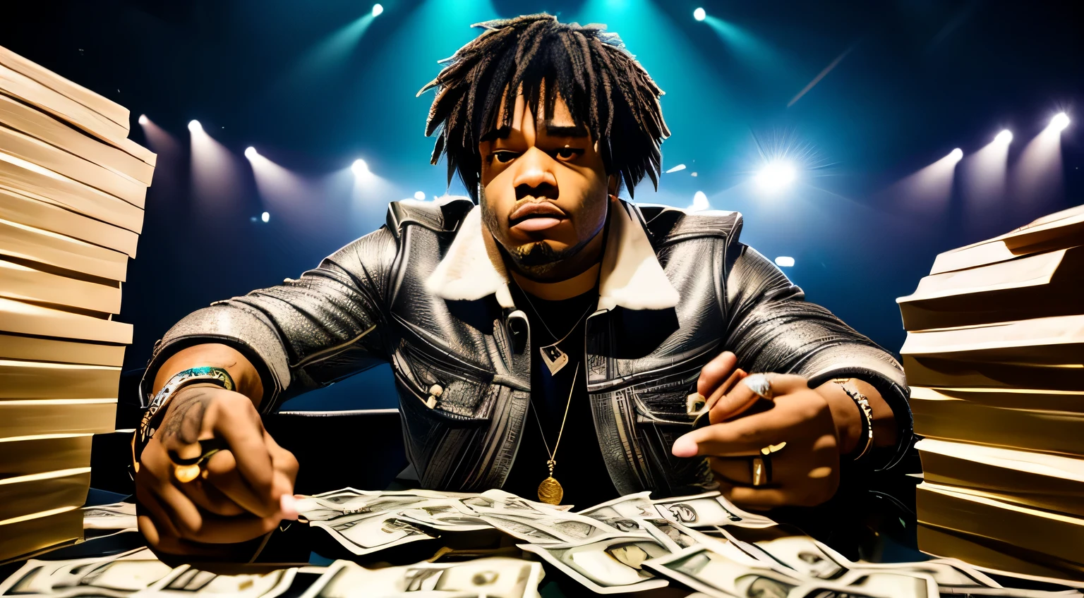 rapper jid, with a pile of cash in hand