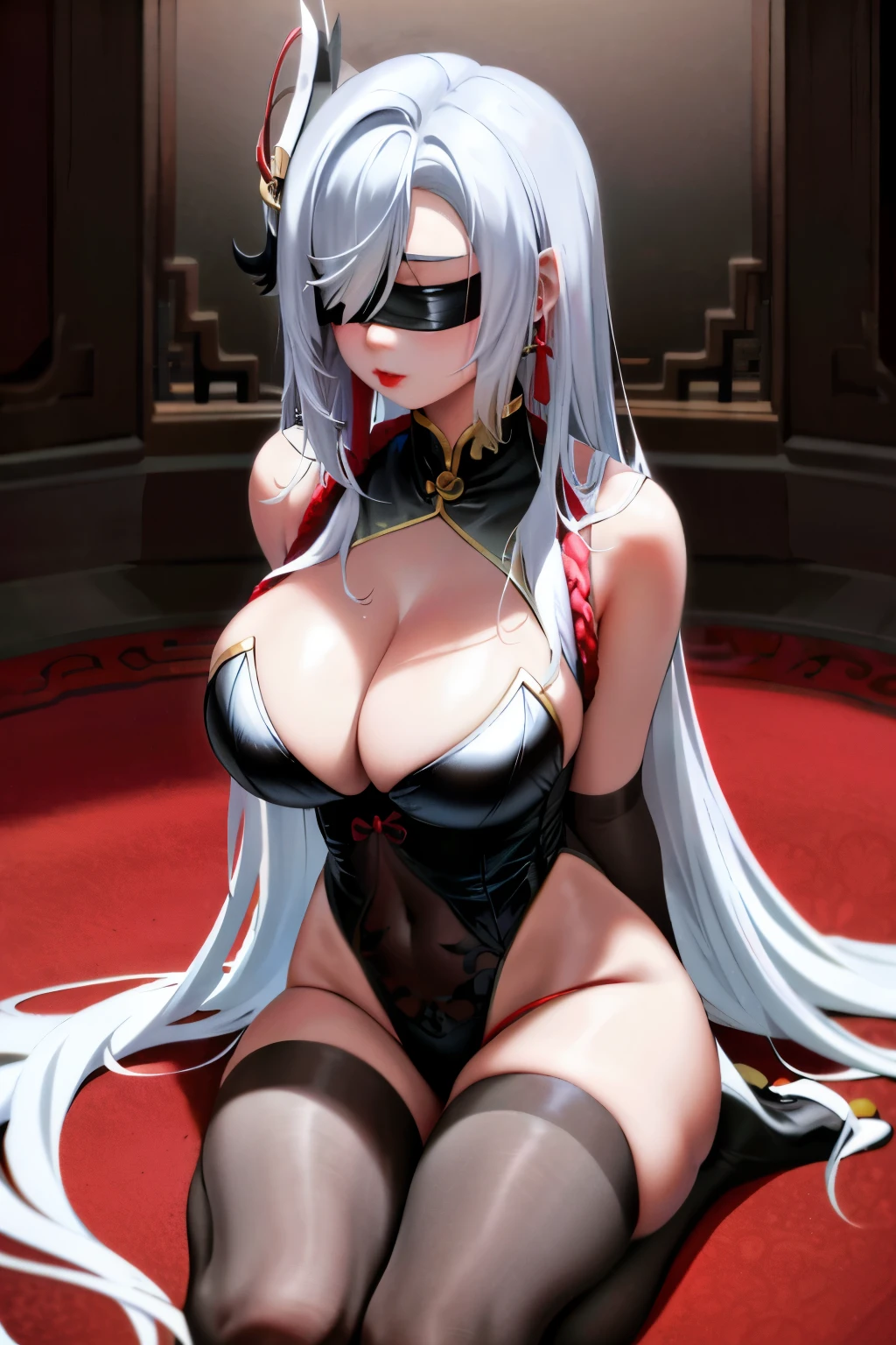 Shen He,the original god,(Blindfolded),nedium breasts,cleavage,cleavage cutout,very high res,Redlip,long whitr hair,whaite hair,nakeness,Wearing white stockings all over