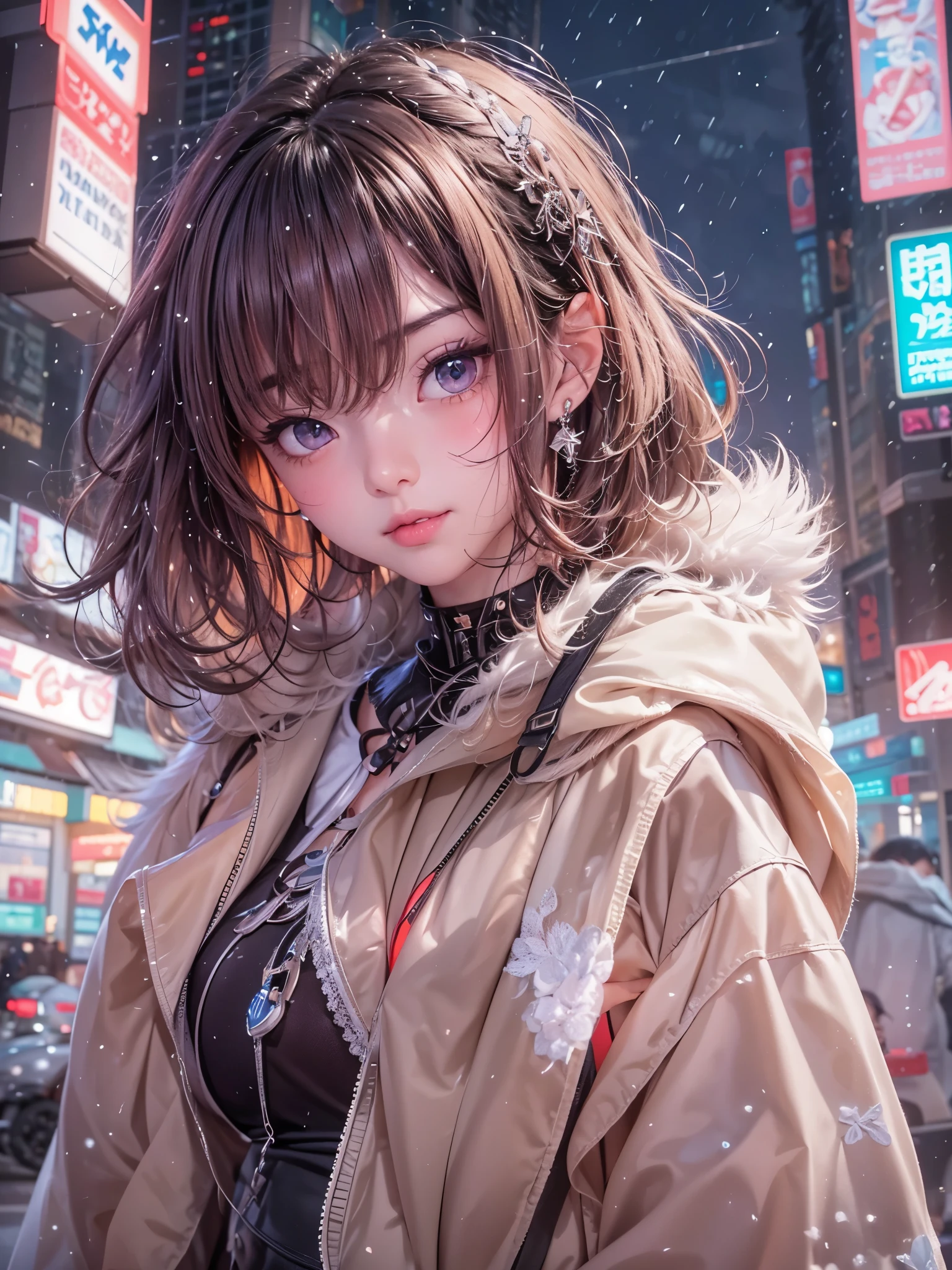 8K、master piece、highest quality、highest level、Highest image quality、muste piece、intricate details、high resolution、depth field、Natural light、professional lighting、(1girl)、solo、asian boyish girl、(cute:1.2)、very beautiful 18 year old cartoon girl、(high detail skin: 1.2)、Photorealistic anime girl rendering、Realistic anime 3D style、short bob cut、、beautiful light brown hair、強烈なblack eyes、strong eye highlights、very big breasts、perfect 、choker、hands behind the back、beautiful brown hair、short hair、crossed bangs、asymmetrical bangs、short bob cut、stick out ears、eyelashes、black eyes、Body shiny with oil、(Detailed bra、mini skirt、fluffy muffler)、Decadent and futuristic port facilities in the evening、Shopping at the mall、Staring at the sunset and the sea、(having a ice cream、Smile happily)、((It&#39;s snowing、It&#39;s snowing))、(cyberpunk city)、(Futuristic cars、flashing red light)、(Flashing blue and purple neon tubes)、((practicing dance steps))、