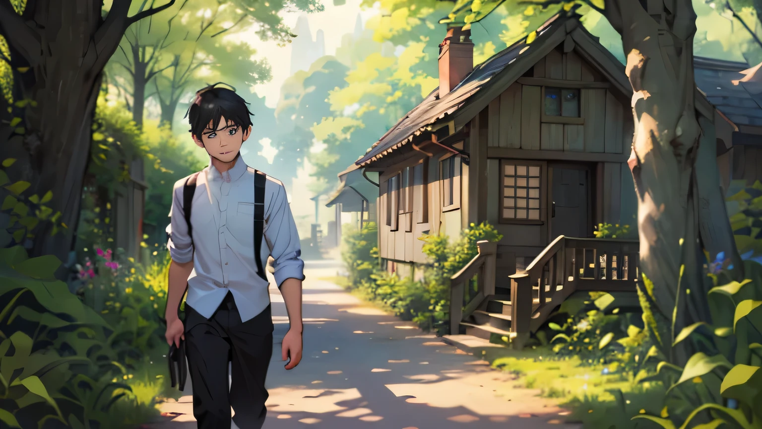 a 14-year-old boy walking dressed in casual clothes, White half sleeves shirt, casual black trouser, Red hand bag with black straps, astonished eyes, joyful eyes, excited surprise, is captured walking alone, in front side Garden of his small cottage, walking, from a wooden bench, towards a tree, in adorable manner. The surrounding trees and bushes are a vibrant tapestry of life, their branches adorned with rich textures of natural fibers and leaves in shades of green, creating a stunningly beautiful backdrop. The sunlight filters through the foliage, casting dappled patterns on the ground, adding to the serene and idyllic atmosphere. The boy's smile is the focal point of the scene --seed 3318333492