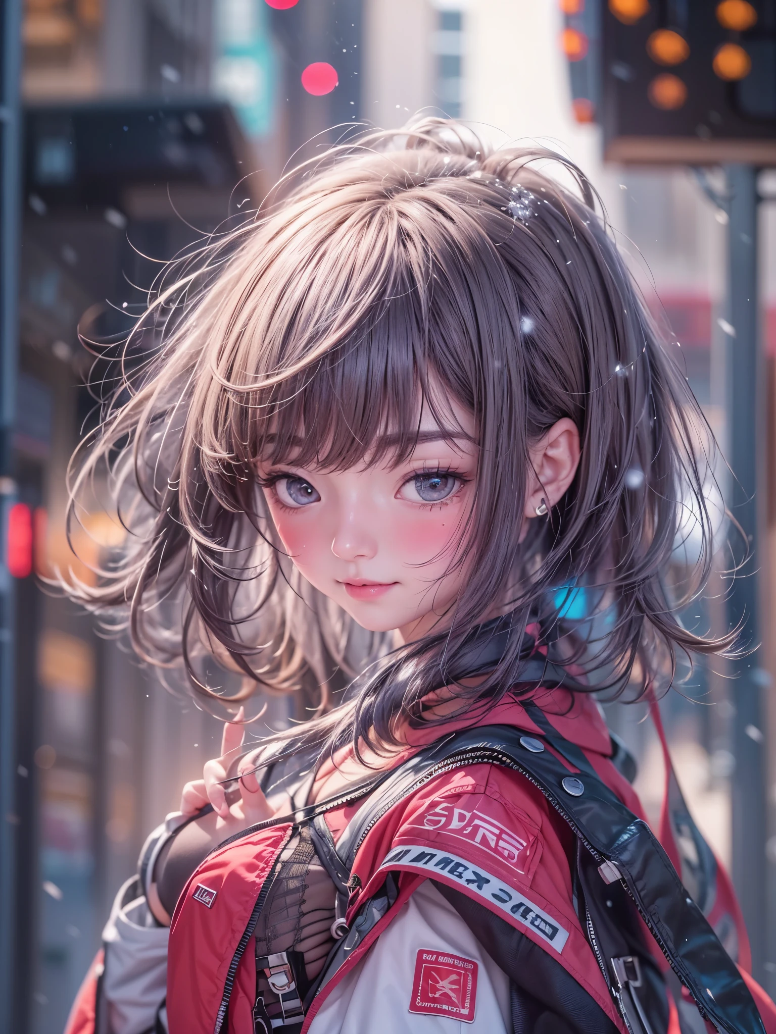 8K、master piece、highest quality、highest level、Highest image quality、muste piece、intricate details、high resolution、depth field、Natural light、professional lighting、(1girl)、solo、asian boyish girl、(cute:1.2)、very beautiful 18 year old cartoon girl、(high detail skin: 1.2)、Photorealistic anime girl rendering、Realistic anime 3D style、short bob cut、、beautiful light brown hair、強烈なblack eyes、strong eye highlights、very big breasts、perfect 、choker、hands behind the back、beautiful brown hair、short hair、crossed bangs、asymmetrical bangs、short bob cut、stick out ears、eyelashes、black eyes、Body shiny with oil、(Detailed bra、mini skirt、fluffy muffler)、Decadent and futuristic port facilities in the evening、Shopping at the mall、Staring at the sunset and the sea、(having a ice cream、Smile happily)、((It&#39;s snowing、It&#39;s snowing))、(cyberpunk city)、(Futuristic cars、flashing red light)、(Flashing blue and purple neon tubes)、((practicing dance steps))、