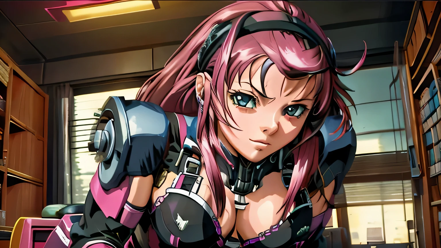 a women, cute face, pink long hair with bang, big tits, wearing pink black lingerie armor mech, in a room, bed, laid back, night, cyberpunk atmosphere, 