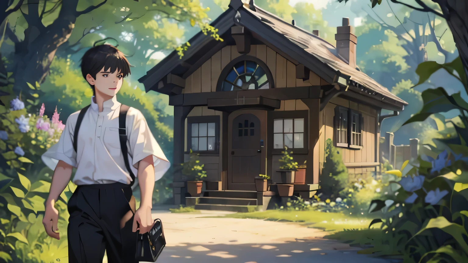 a  boy walking dressed in casual clothes, White half sleeves shirt, casual black trouser, Red hand bag with black straps, astonished eyes, joyful eyes, excited surprise, is captured walking alone, in front side Garden of his small cottage, walking, from a wooden bench, towards a tree, in adorable manner. The surrounding trees and bushes are a vibrant tapestry of life, their branches adorned with rich textures of natural fibers and leaves in shades of green, creating a stunningly beautiful backdrop. The sunlight filters through the foliage, casting dappled patterns on the ground, adding to the serene and idyllic atmosphere. The boy's smile is the focal point of the scene --seed 3318333492