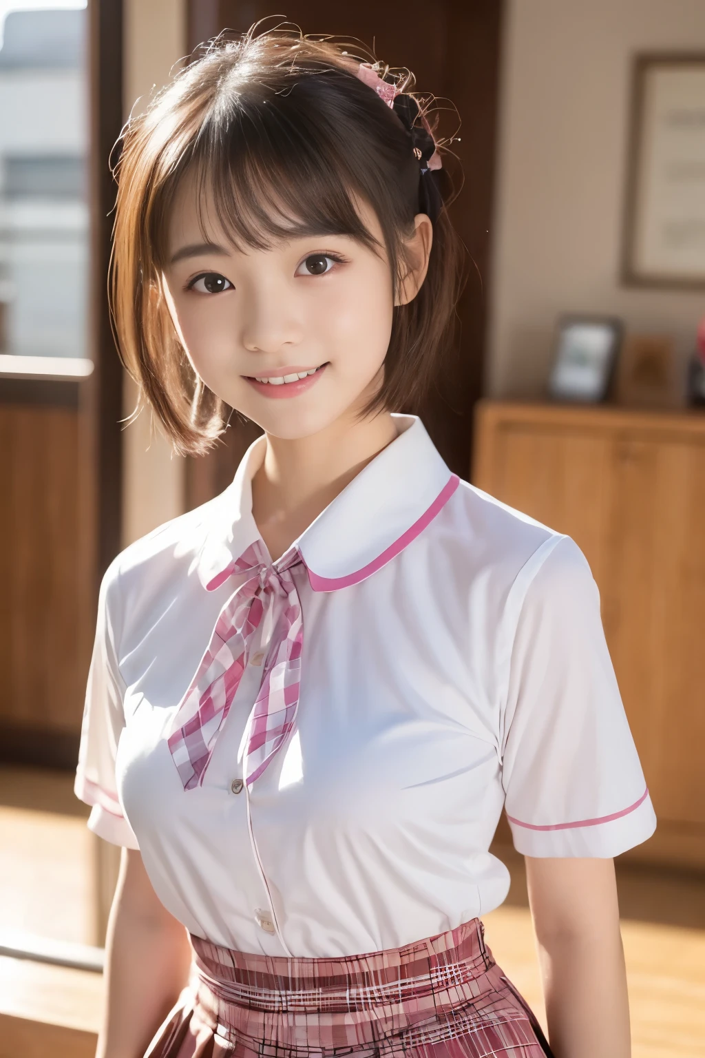(((masterpiece，8K,highest quality, very detailed, )))，full body display，An empty classroom，Alone，sit on a chair，(one beautiful japanese girl, innocence，cute) ，ultra high resolution, realistic, Super detailed, slender body shape，(detailed face:1.3), (fluffy short hair:1.37), (baby face，cute系，10 year old beautiful girl), (perfect body:1.1),  ((Japanese high school uniform with the school emblem on the chest、white shirt，Pink Neck Ribbon，Pink plaid skirt))，innocent smile，rosy cheeks，超detailed face、detailed lips、small gravure idol，transparent skin、beautiful skin，lolita，realistic:1.37，no makeup，happy atmosphere，pastel color palette，fun，date，happy，I feel excited，Natural Lighting，natural lip，cuteポーズ