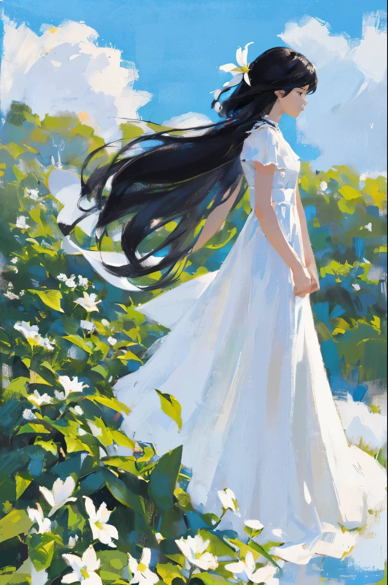 Minimalism,shadow flat vector art,masterpiece,best quality,art by Rami Niemi,1girl, 1boy, plant, long hair, bird, dress, wide shot, white dress, cloud, flower, black hair, leaf, profile, sky, outdoors, white flower