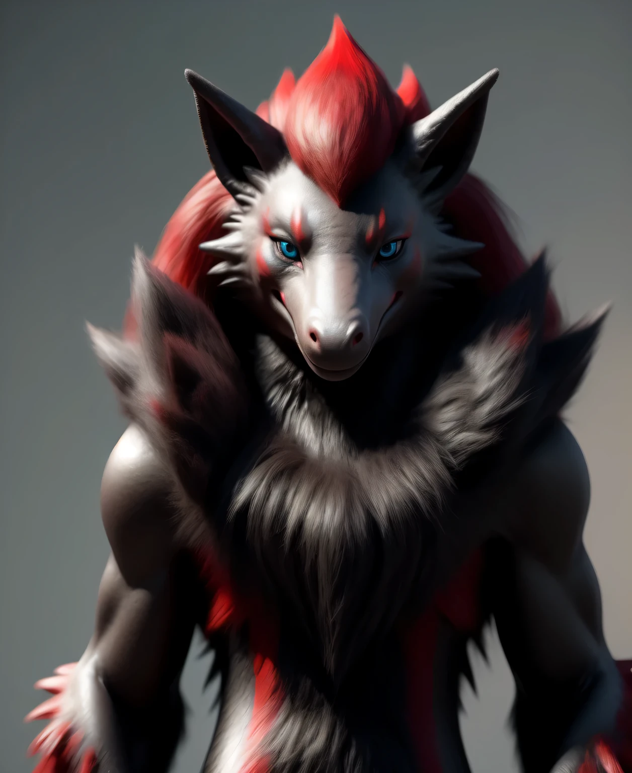 (realistic, photorealistic:1.37), masterpiece, zoroark (pokemon), looking at viewer, sharp blue eyes, full body portrait