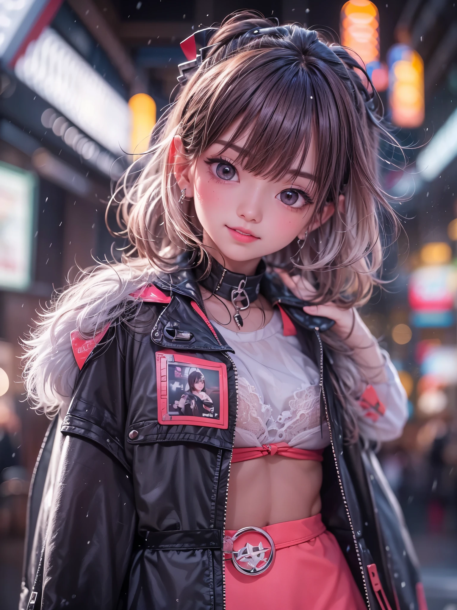8K、master piece、highest quality、highest level、Highest image quality、muste piece、intricate details、high resolution、depth field、Natural light、professional lighting、(1girl)、solo、asian boyish girl、(cute:1.2)、very beautiful 18 year old cartoon girl、(high detail skin: 1.2)、Photorealistic anime girl rendering、Realistic anime 3D style、short bob cut、、beautiful light brown hair、強烈なblack eyes、strong eye highlights、very big breasts、perfect 、choker、hands behind the back、beautiful brown hair、short hair、crossed bangs、asymmetrical bangs、short bob cut、stick out ears、eyelashes、black eyes、Body shiny with oil、(Detailed bra、mini skirt、fluffy muffler)、Decadent and futuristic port facilities in the evening、Shopping at the mall、Staring at the sunset and the sea、(having a ice cream、Smile happily)、((It&#39;s snowing、It&#39;s snowing))、(cyberpunk city)、(Futuristic cars、flashing red light)、(Flashing blue and purple neon tubes)、((practicing dance steps))、