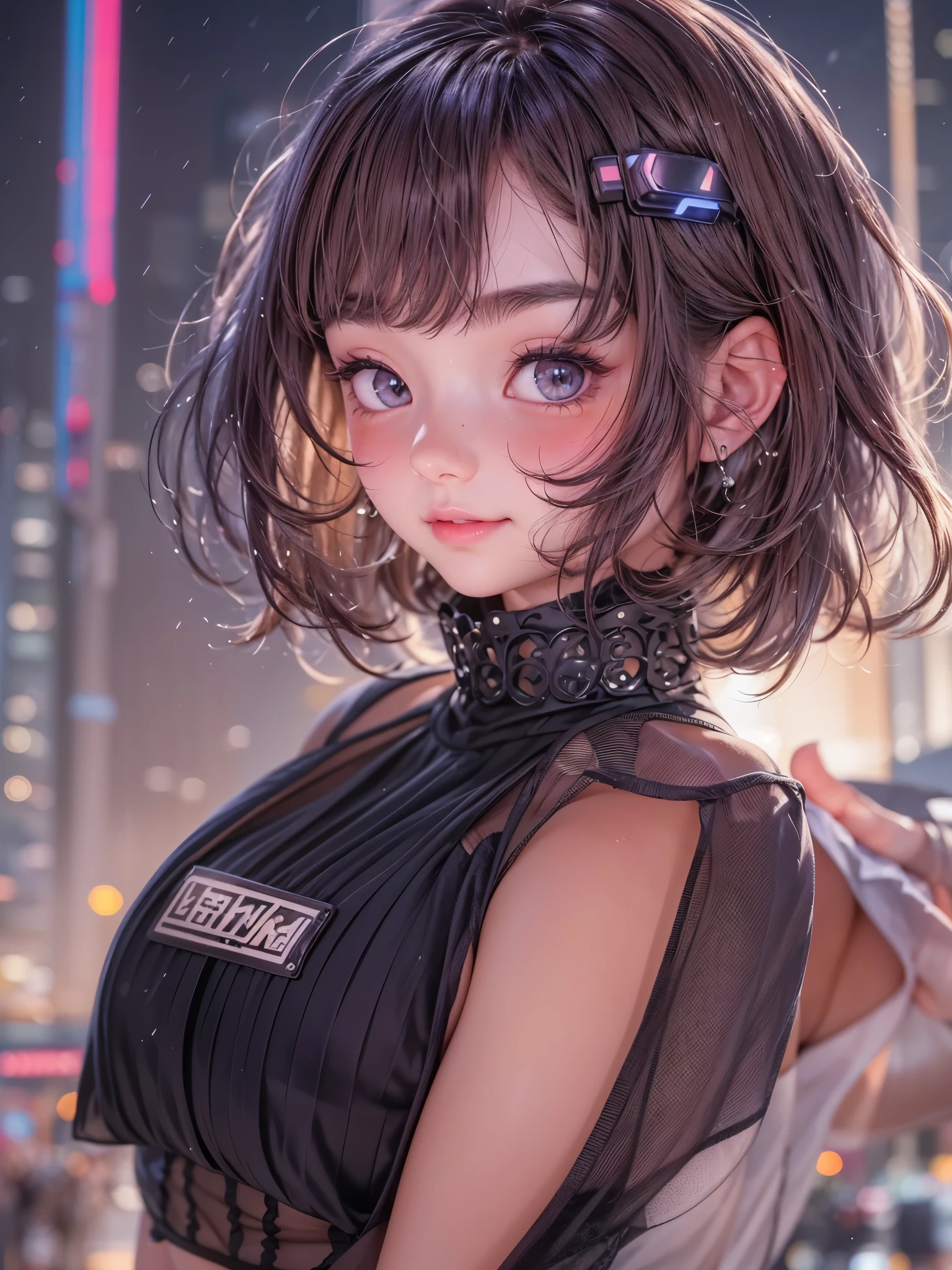 8K、master piece、highest quality、highest level、Highest image quality、muste piece、intricate details、high resolution、depth field、Natural light、professional lighting、(1girl)、solo、asian boyish girl、(cute:1.2)、very beautiful 18 year old cartoon girl、(high detail skin: 1.2)、Photorealistic anime girl rendering、Realistic anime 3D style、short bob cut、、beautiful light brown hair、強烈なblack eyes、strong eye highlights、very big breasts、perfect 、choker、hands behind the back、beautiful brown hair、short hair、crossed bangs、asymmetrical bangs、short bob cut、stick out ears、eyelashes、black eyes、Body shiny with oil、(Detailed bra、mini skirt、fluffy muffler)、Decadent and futuristic port facilities in the evening、Shopping at the mall、Staring at the sunset and the sea、(having a ice cream、Smile happily)、((It&#39;s snowing、It&#39;s snowing))、(cyberpunk city)、(Futuristic cars、flashing red light)、(Flashing blue and purple neon tubes)、((practicing dance steps))、