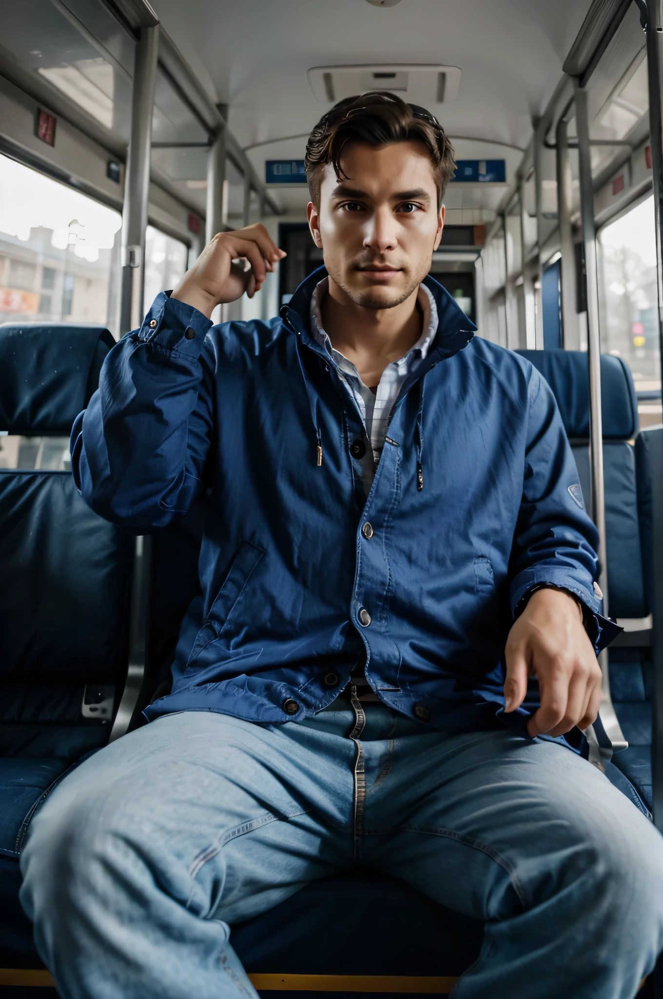 guy on the bus in a blue jacket 