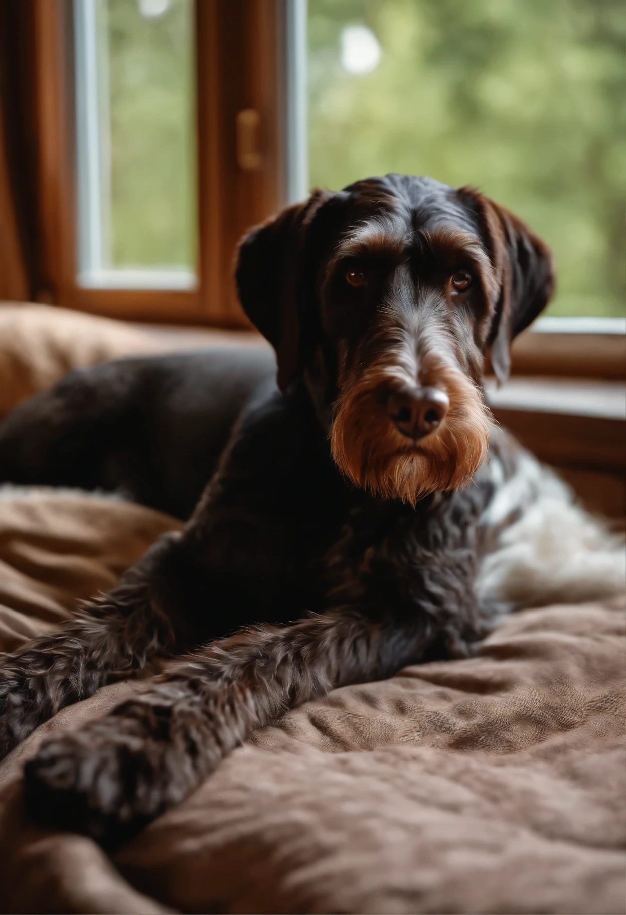 photo of a German wirehaired pointer lying on the bed looking out the window, side view, highly detailed fur, eyes, correct shape of the limbs without deformations.
8k, F2.8, photo in RAW format, super detail,