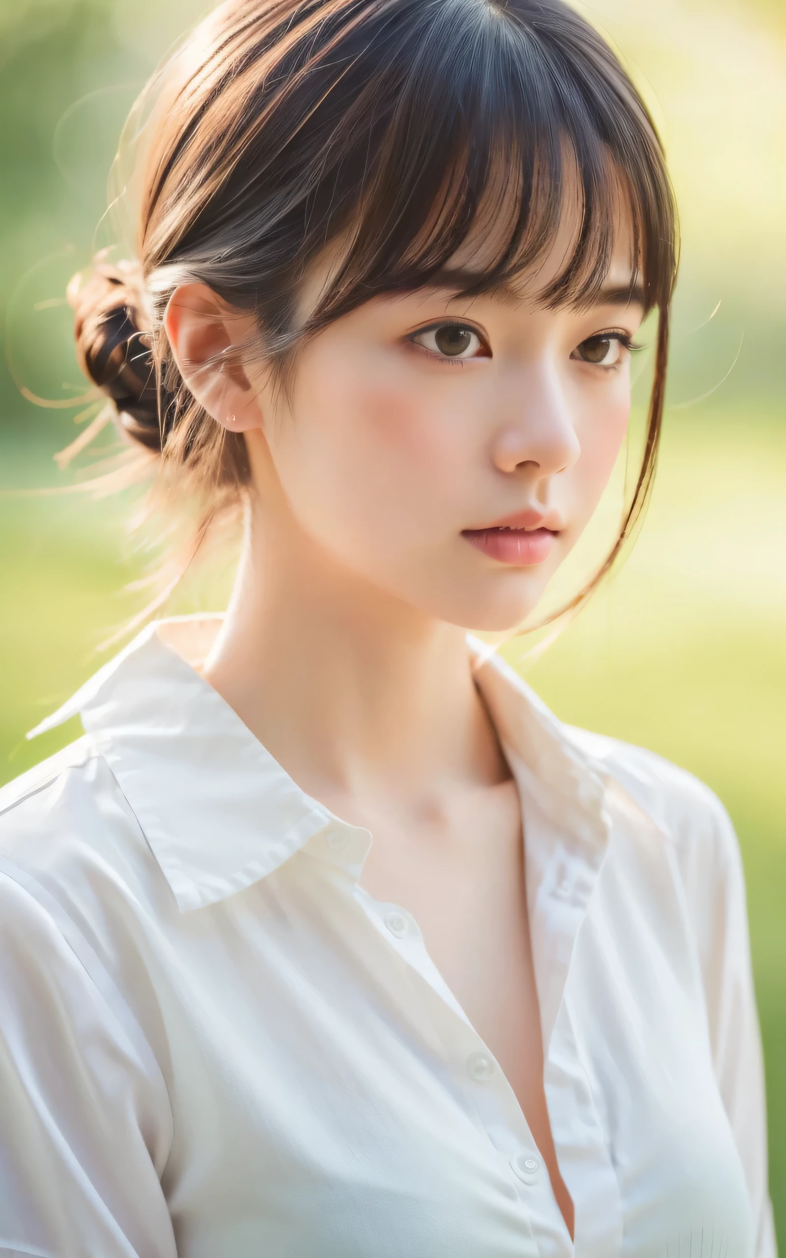 (masterpiece, highest quality, RAW photo, realistic:1.2), 1 girl, look away, sad, beautiful girl, cute, delicate girl, hair up, written boundary depth, High resolution, Super detailed, detailed, 非常にdetailedな目と顔, realistic student, sharp focus, cinematic lighting, Upper body, bangs, silk shirt,