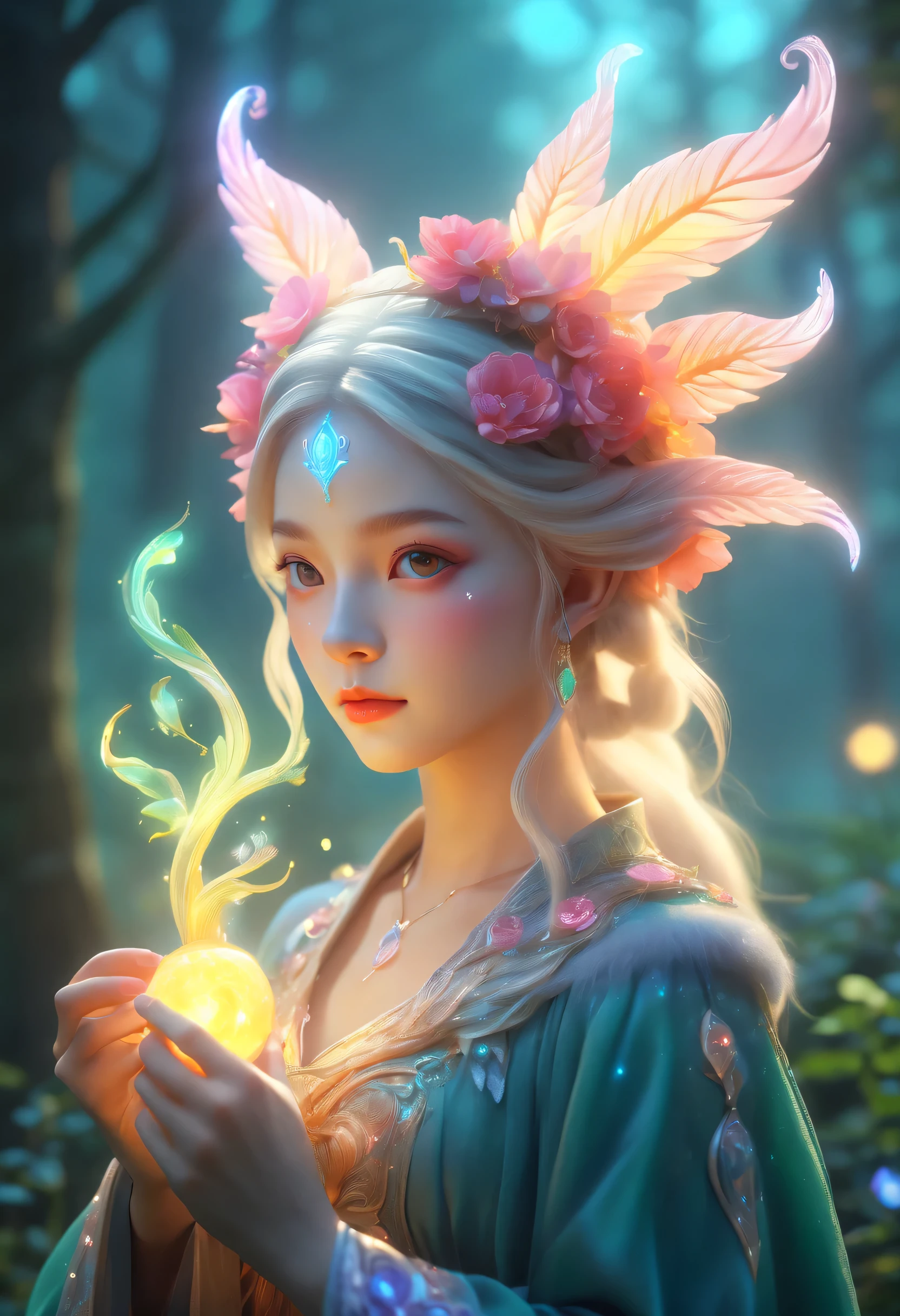 best quality，4K，8k，HD，masterpiece：1.2，super detailed，lifelike：1.37，flash，enchanted forest，magical atmosphere，charming scenery，rich and colorful，（闪闪glow的仙女，Charming witches，Carefully cast），Cute fawn，glow，fluorescence，（wand casting，装满glow液体的瓶子），ethereal atmosphere