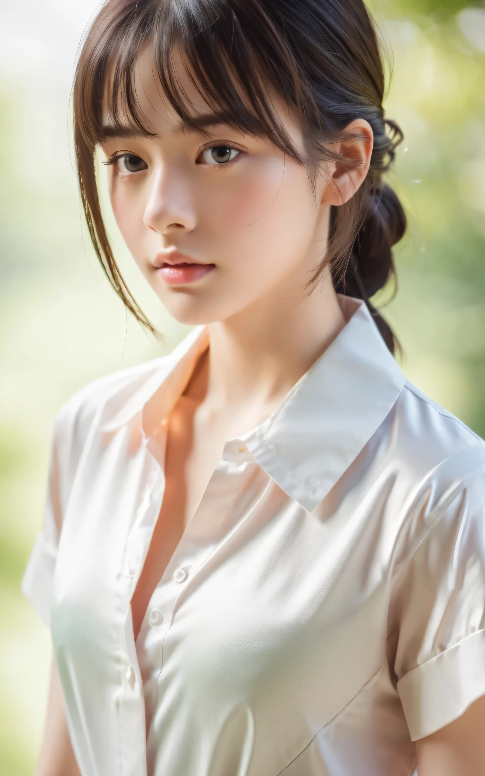 (masterpiece, highest quality, RAW photo, realistic:1.2), 1 girl, look away, sad, beautiful girl, cute, delicate girl, hair up, written boundary depth, High resolution, Super detailed, detailed, 非常にdetailedな目と顔, realistic student, sharp focus, cinematic lighting, Upper body, bangs, silk shirt,