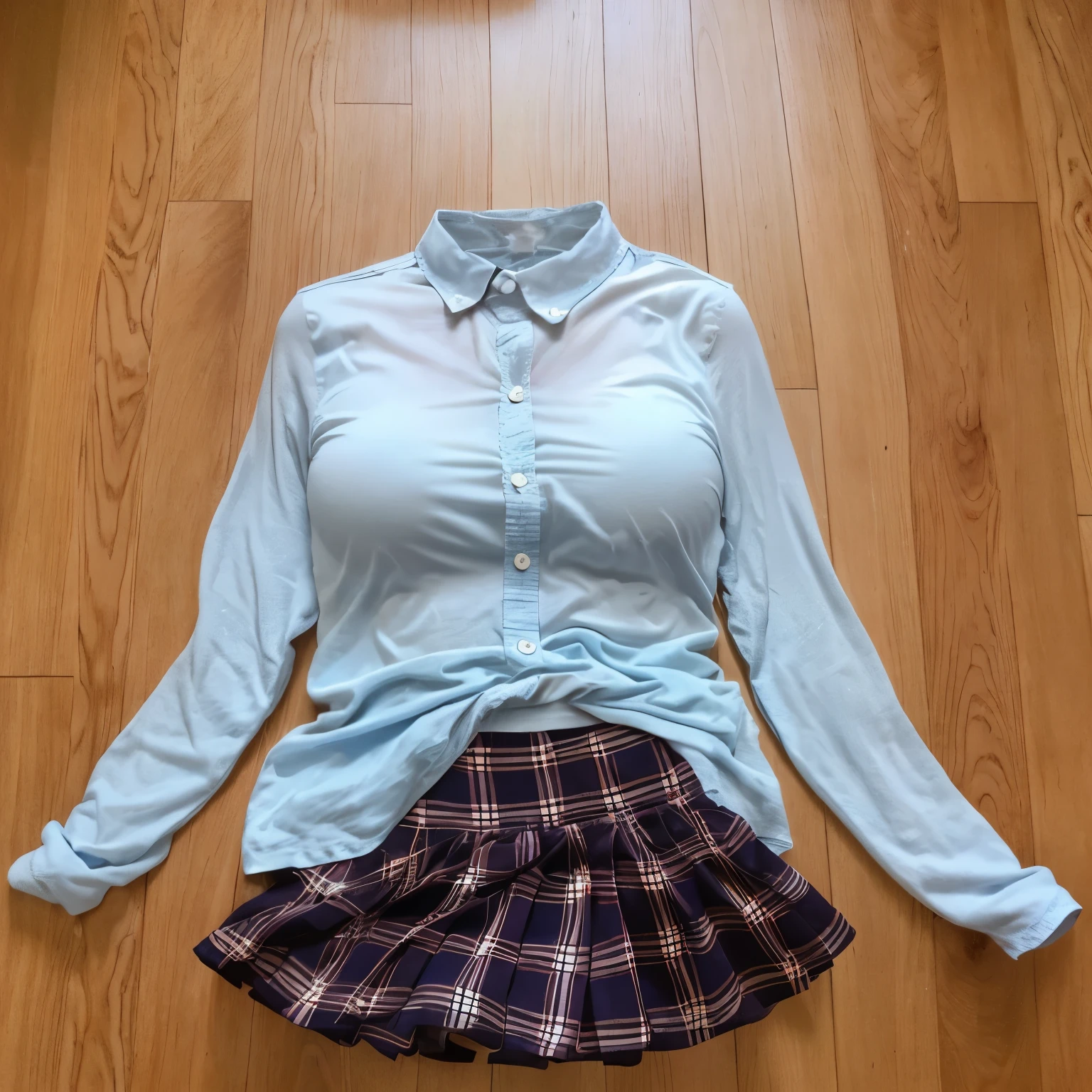 casual dress on floor, plaid school skirt, (invisible, no humans, headless, faceless:1.5), cute big breasts