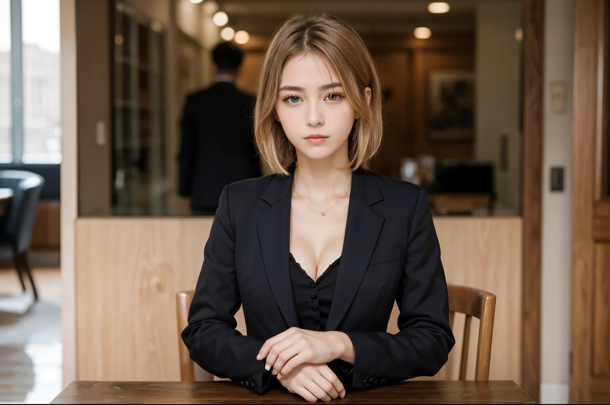 portrait of european girl,alone,20 years,beautiful face,uppser body,hair above one eye,medium side cut, blonde hair, sharp focus,black business suit,black dress shirt、hugefaketits