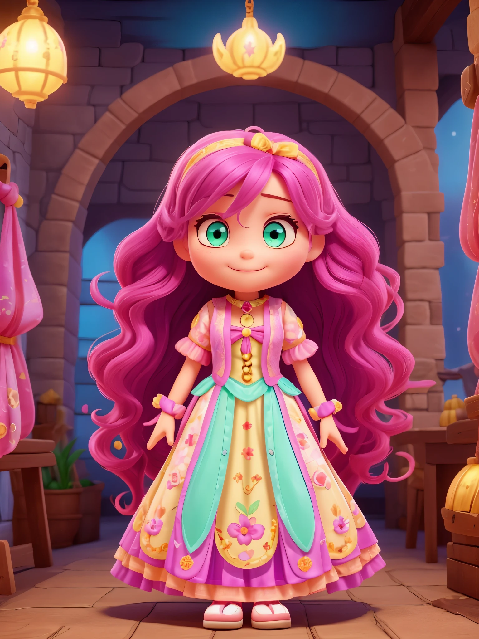 1 girl, long_hair, bright_hair_color, Tempting_Eye, mystery_Express, Mature_appearance, charming_full outfit, flowing_skirt, elegant_jewelry, complex_decoration, magic_symbol, luminescent_Accessories, potion, pergaminhos, Lovely_accent, bow, ribbon, flowers,